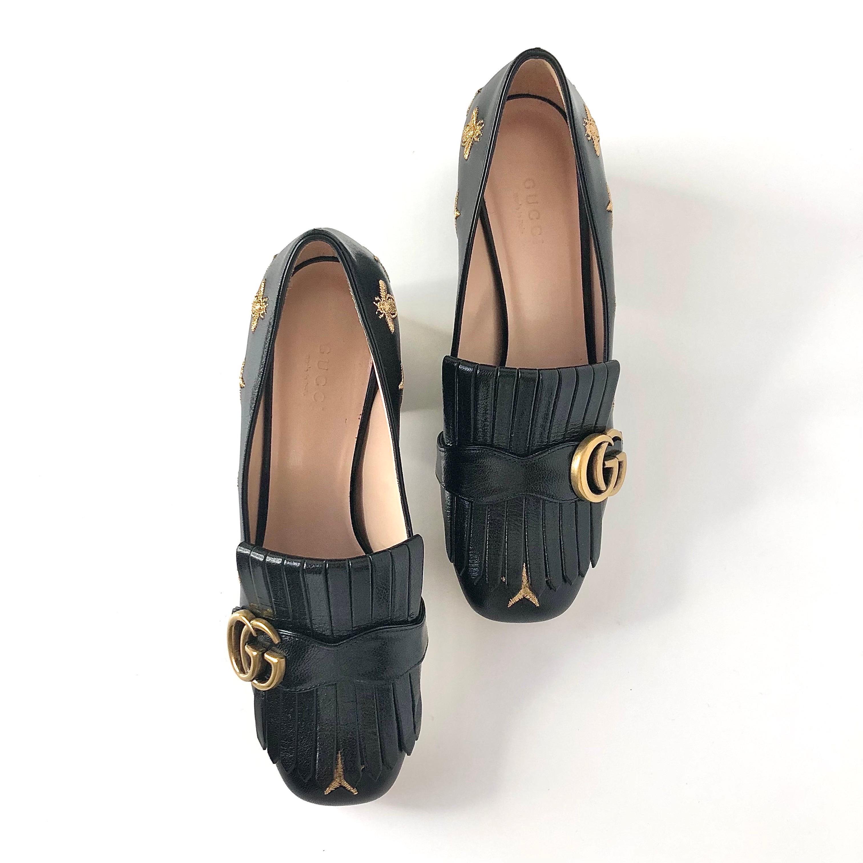 Nero Gucci GG Marmont Fringe Quentin Bee Embroidered Platform Heeled Loafers Pumps 37 in vendita