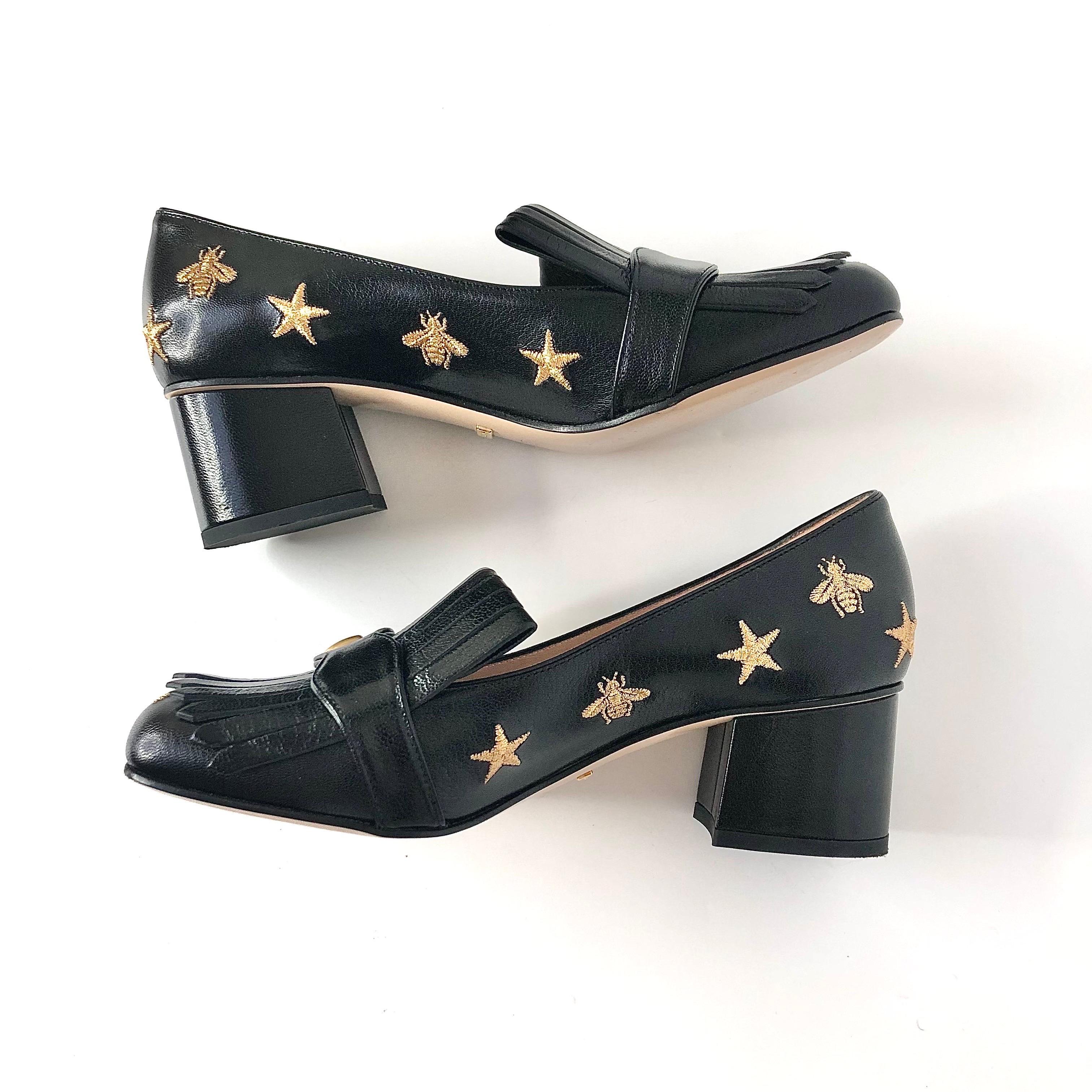Donna Gucci GG Marmont Fringe Quentin Bee Embroidered Platform Heeled Loafers Pumps 37 in vendita