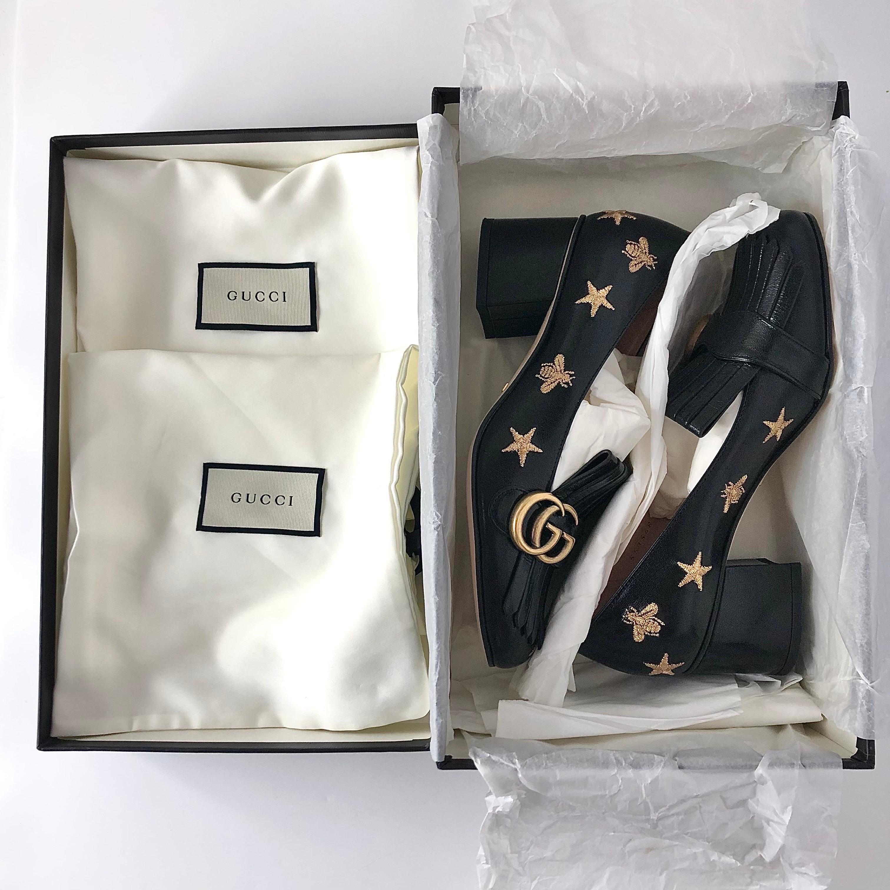 Gucci GG Marmont Fringe Quentin Bee Embroidered Platform Heeled Loafers Pumps 37 in vendita 4