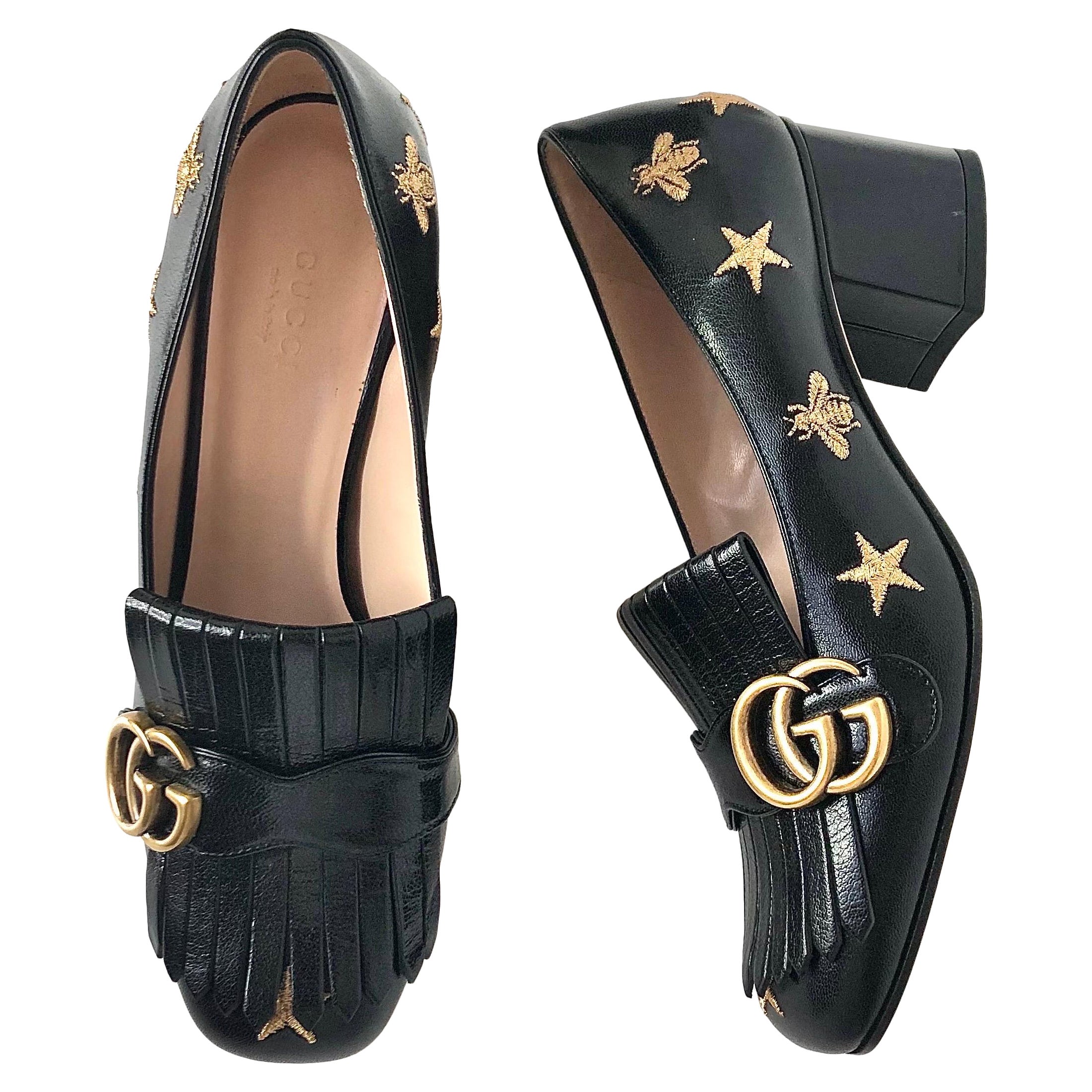 Gucci GG Marmont Fringe Quentin Bee Embroidered Platform Heeled Loafers Pumps 37