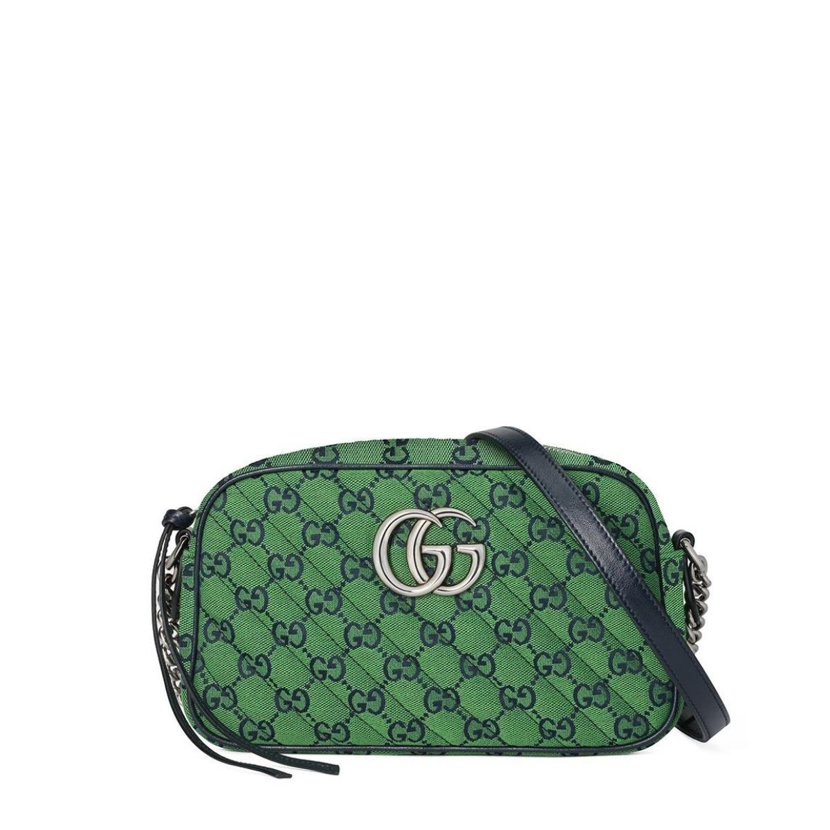 Follow us on insta @runwaycatalog
This GG Marmont small shoulder bag has an adjustable strap and is part of the GG Multicolor collection. 
Green and blue diagonal matelassé GG canvas. 
Blue leather trim. 
Silver-toned hardware. 
Double G. Interior