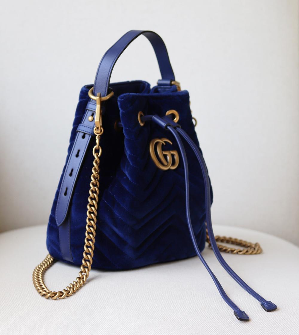 Black Gucci GG Marmont Leather-Trimmed Quilted-Velvet Bucket Bag