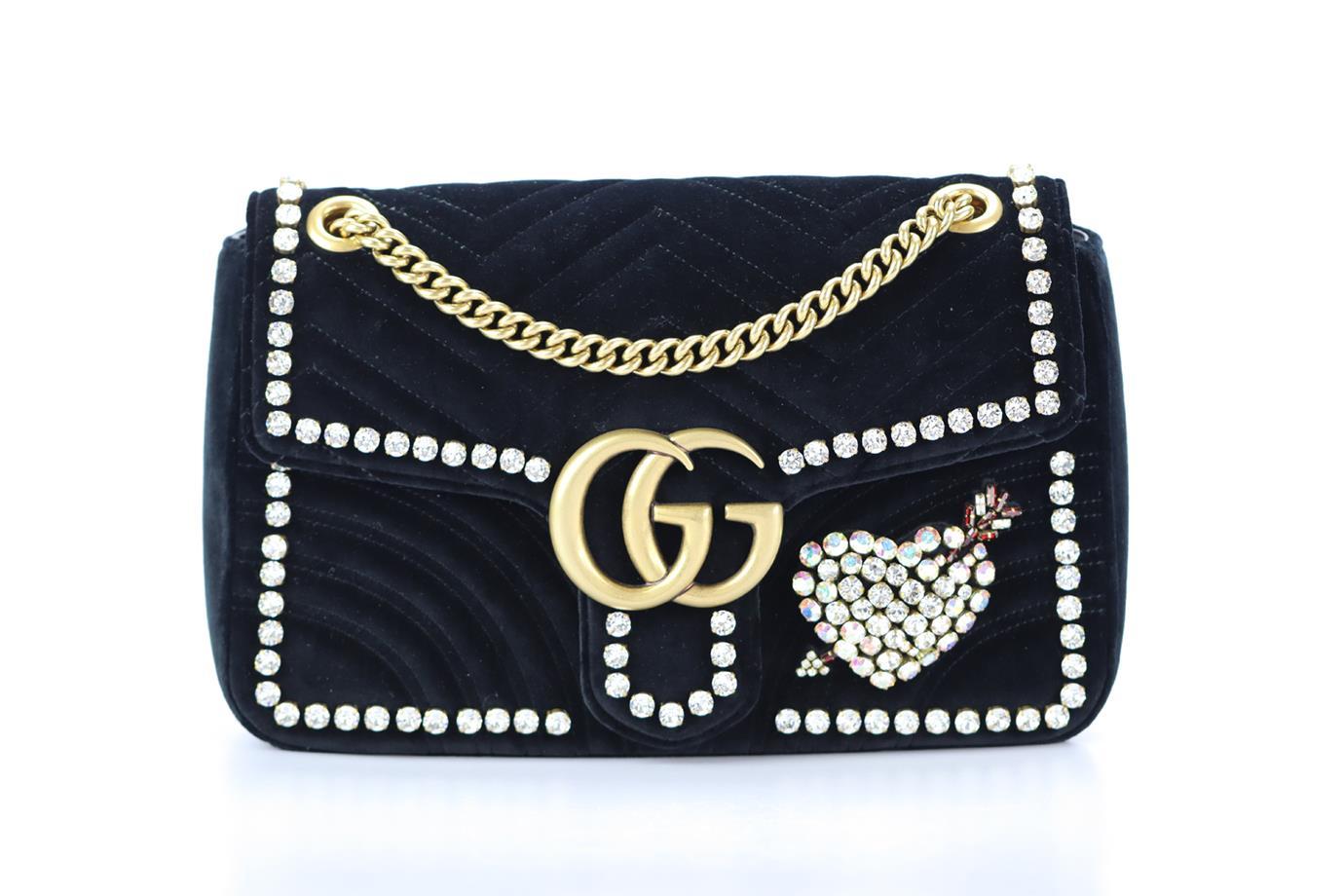 Gucci Gg Marmont Medium Crystal Embellished Quilted Velvet Shoulder Bag. Black. Clasp fastening - Front. Comes with - dustbag. Height: 7 in. Width: 12.1 in. Depth: 2.7 in. Strap drop: 20.4 in. Condition: Used. Very good condition - Barely used. Few