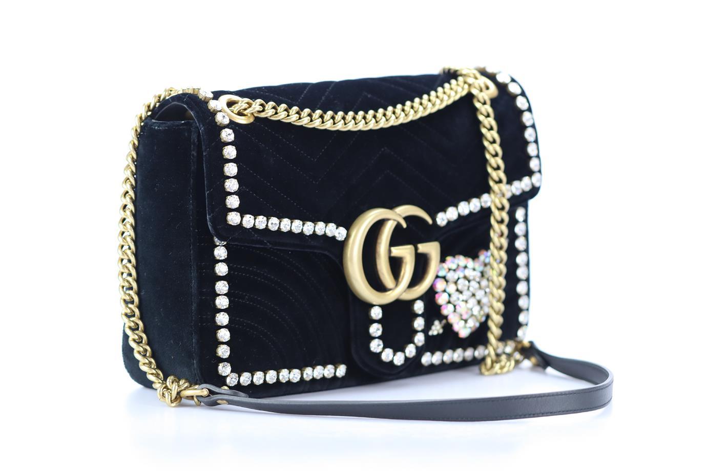 Gucci Gg Marmont Medium Crystal Embellished Quilted Velvet Shoulder Bag In Excellent Condition In London, GB