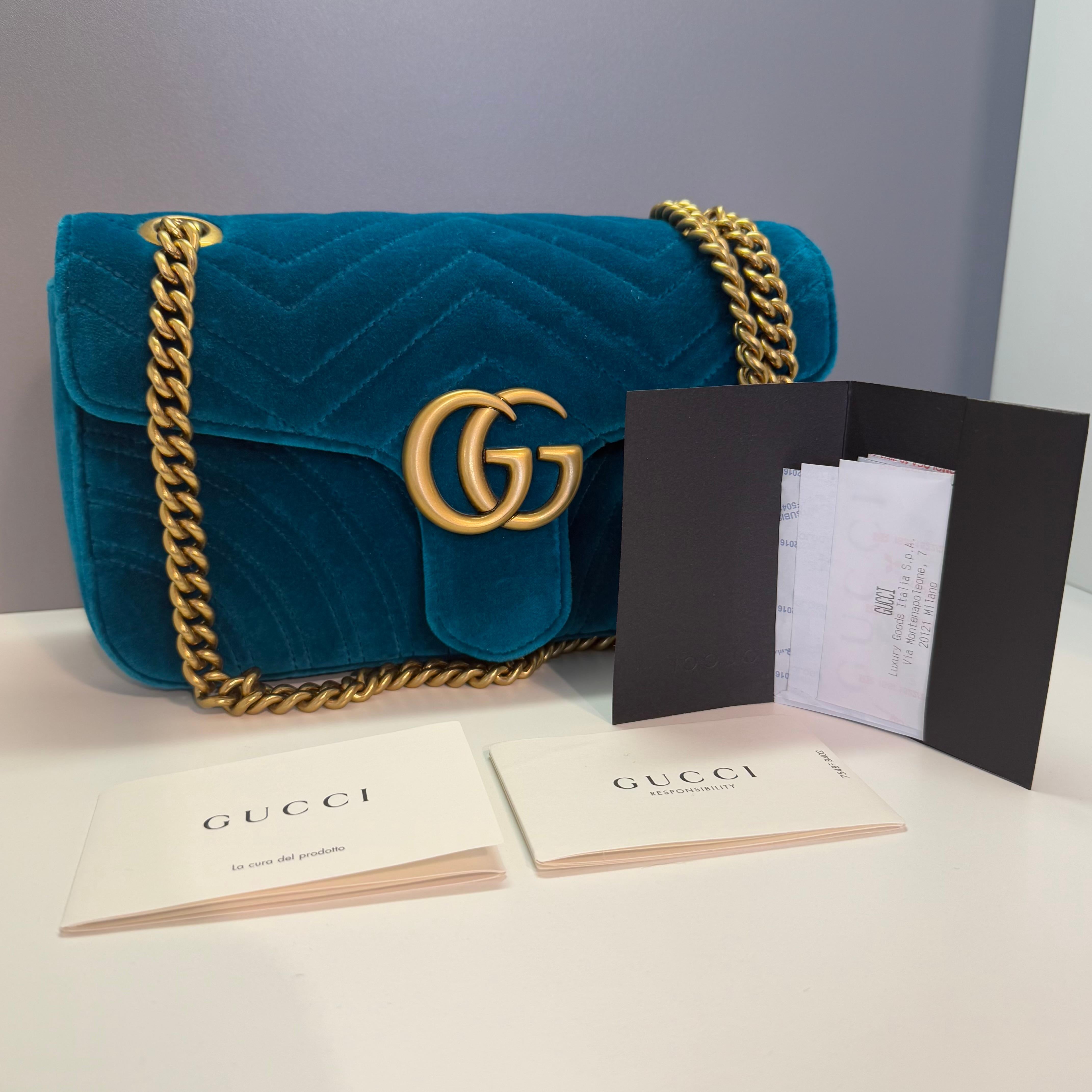 Gucci GG Marmont Petrol Blaue Tasche mit Kette 7