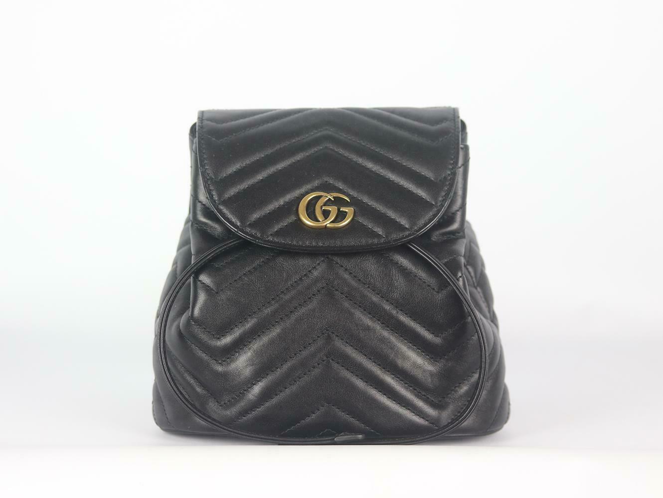 Gucci updates its cult favorite 'GG Marmont' backpack in quilted matelassé leather for the new season, it's decorated with the heritage 'GG' logo and has a spacious interior that offers plenty of room for all of your essentials.
Black leather