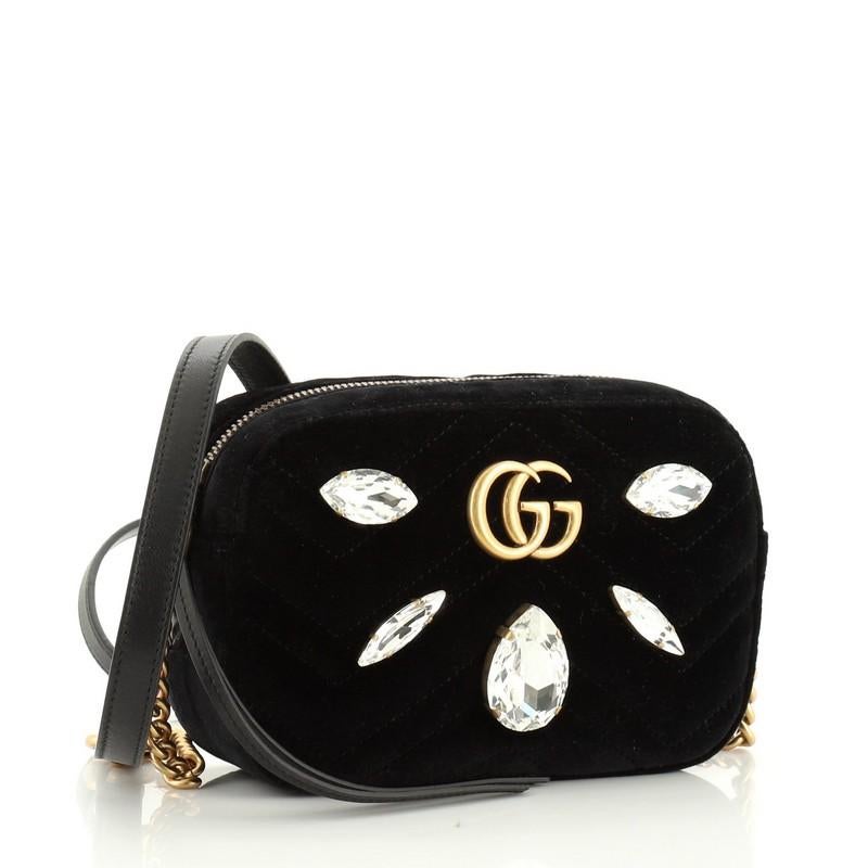 Black Gucci GG Marmont Shoulder Bag Crystal Embellished Matelasse Velvet Mini