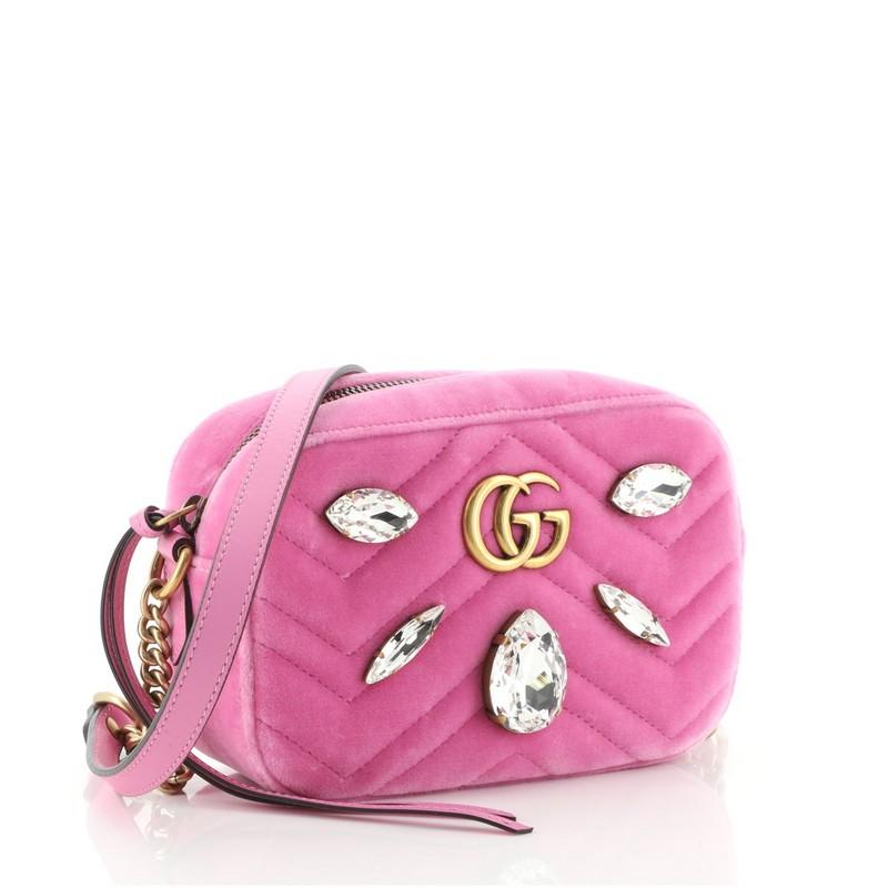 Pink Gucci GG Marmont Shoulder Bag Crystal Embellished Matelasse Velvet Mini