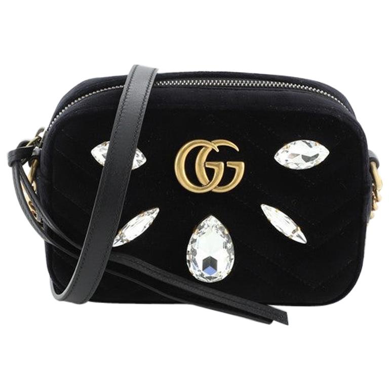 Gucci GG Marmont Shoulder Bag Crystal Embellished Matelasse Velvet Mini
