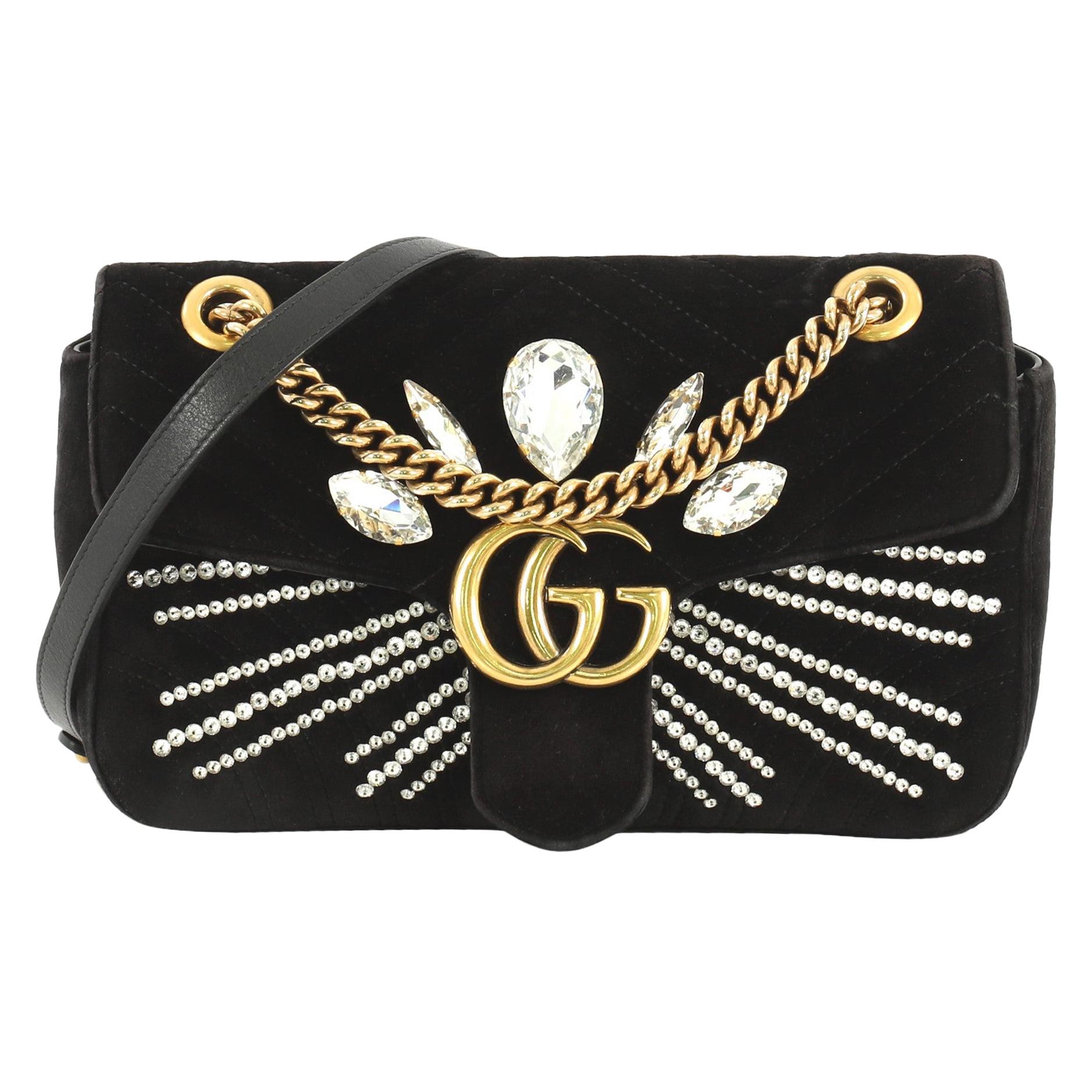 Gucci GG Marmont Shoulder Bag Crystal Embellished Matelasse Velvet Small 