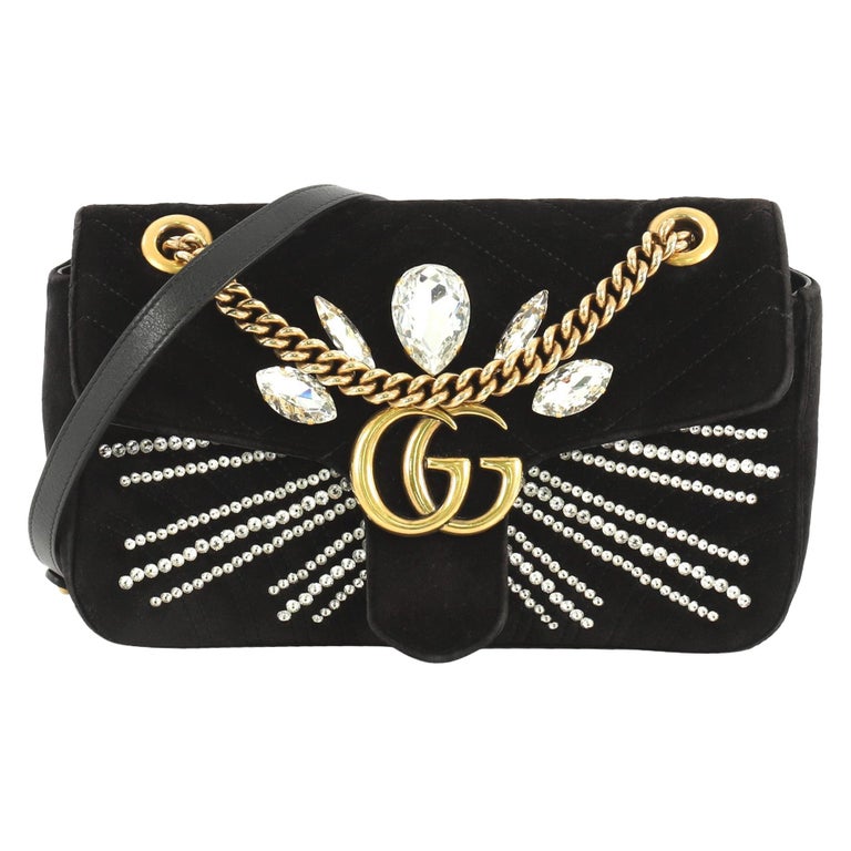 Gucci GG Marmont Shoulder Bag Crystal Embellished Matelasse Velvet ...