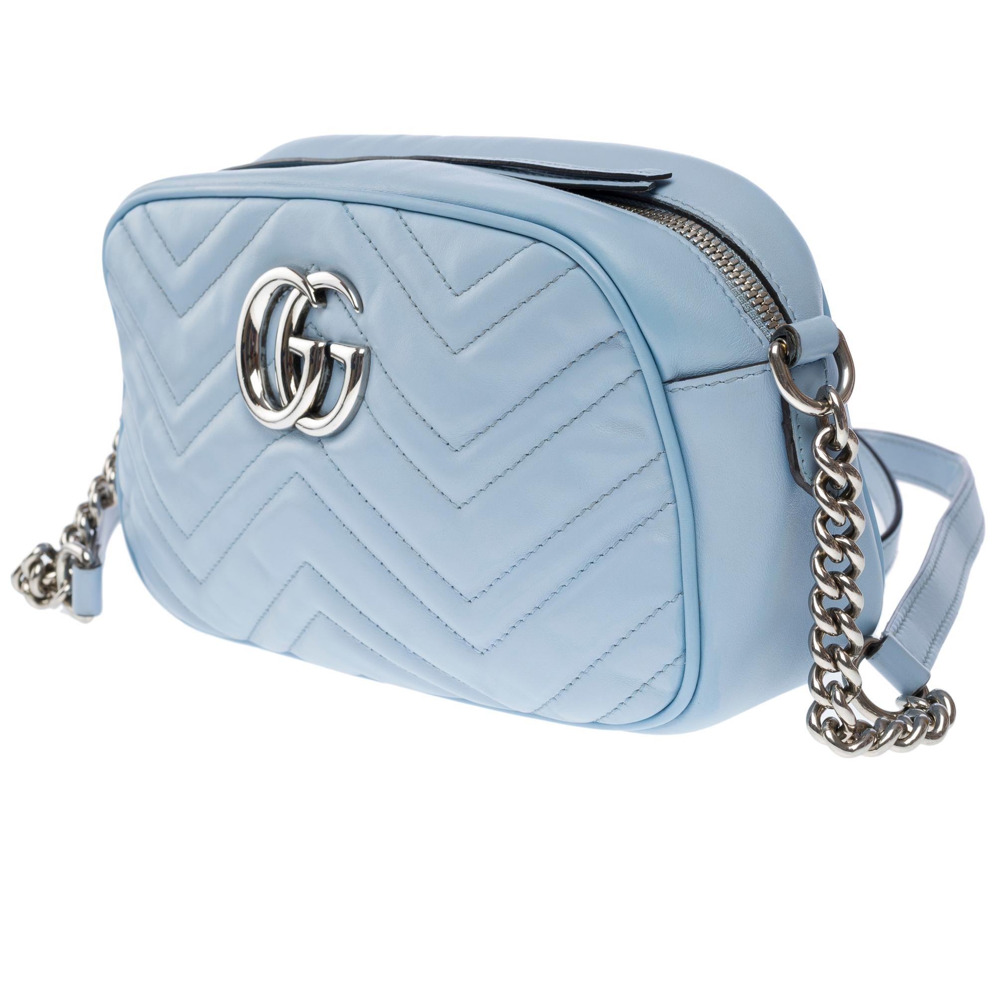 Women's Gucci GG Marmont shoulder bag in light blue quilted leather , SHW