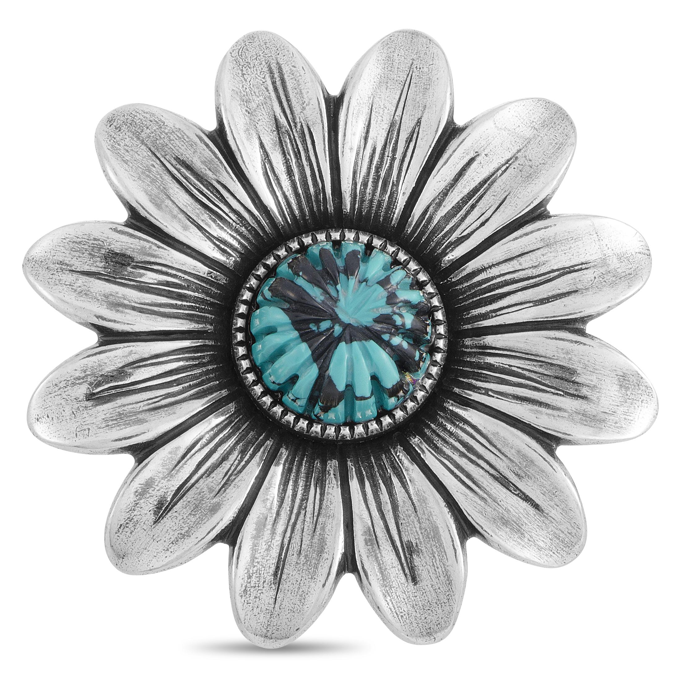 Gucci GG Marmont Silver and Turquoise Resin Flower Ring In New Condition In Southampton, PA