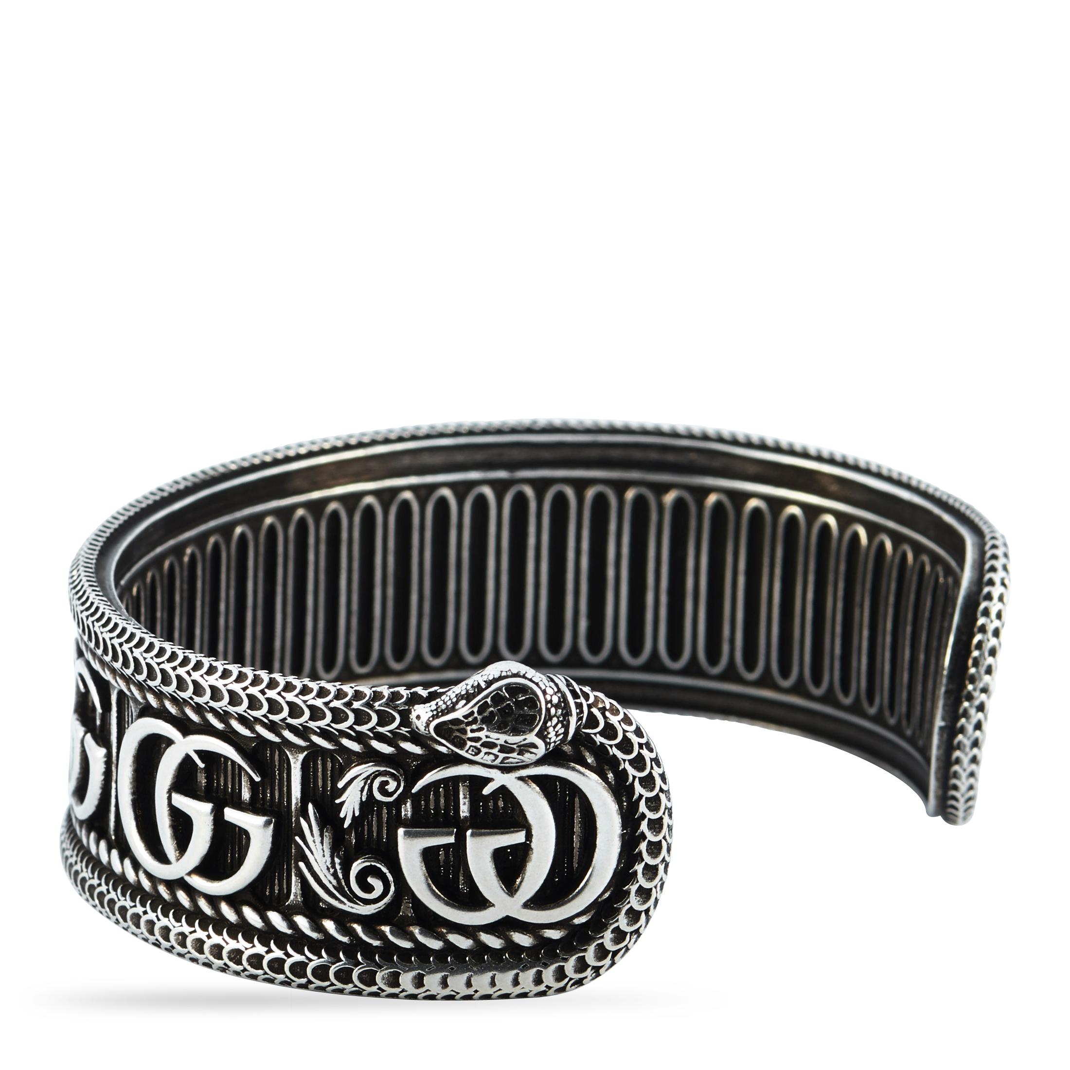 Gucci GG Marmont Sterling Silver Snake Detail Bracelet Size 19 In New Condition In Southampton, PA