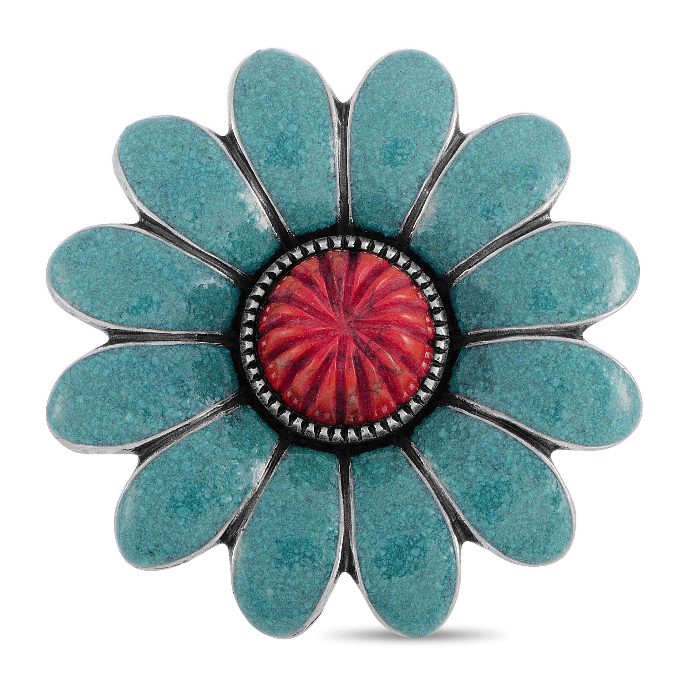 Women's Gucci GG Marmont Sterling Silver Turquoise Enamel and Coral Paste Flower Ring