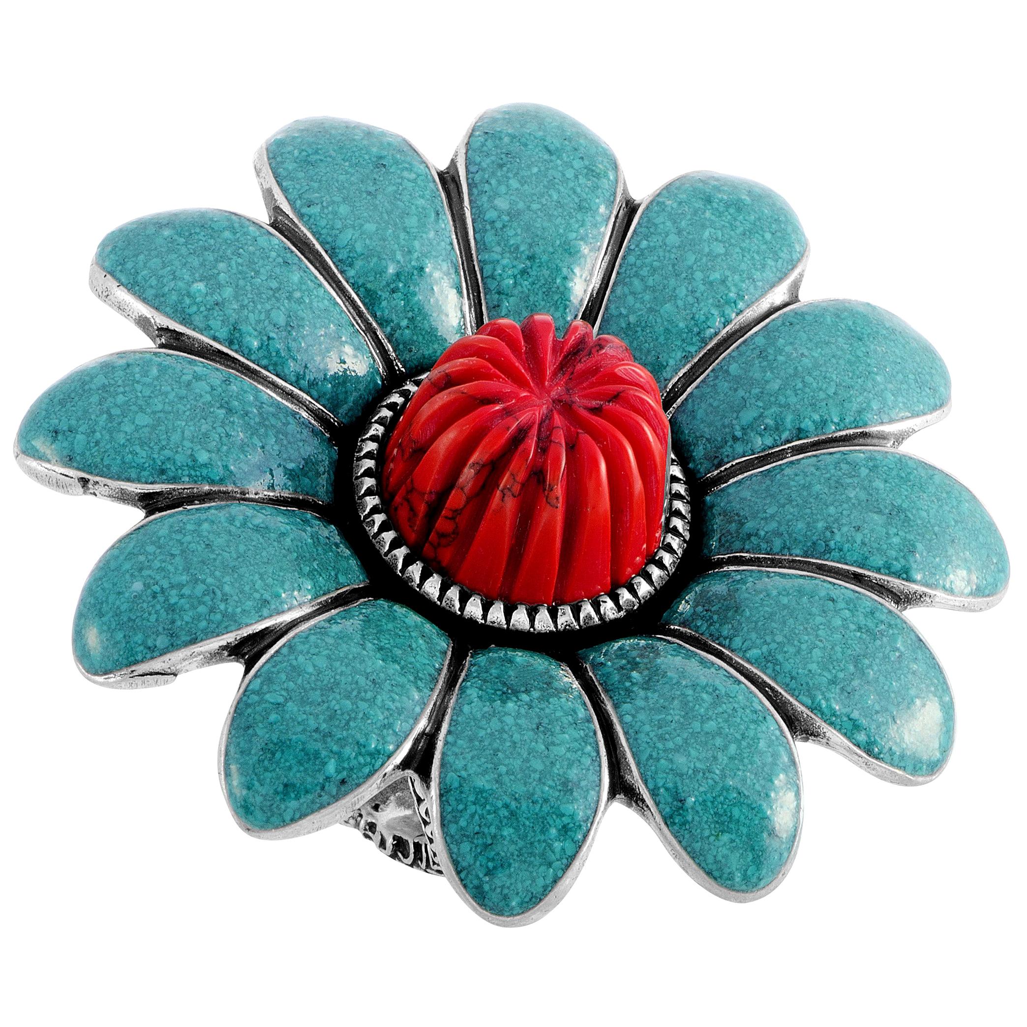 Gucci GG Marmont Sterling Silver Turquoise Enamel and Coral Paste Flower Ring