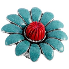 Gucci GG Marmont Sterling Silver Turquoise Enamel and Coral Paste Flower Ring