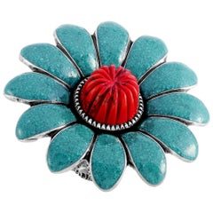 Gucci GG Marmont Sterling Silver Turquoise Enamel and Coral Paste Flower Ring