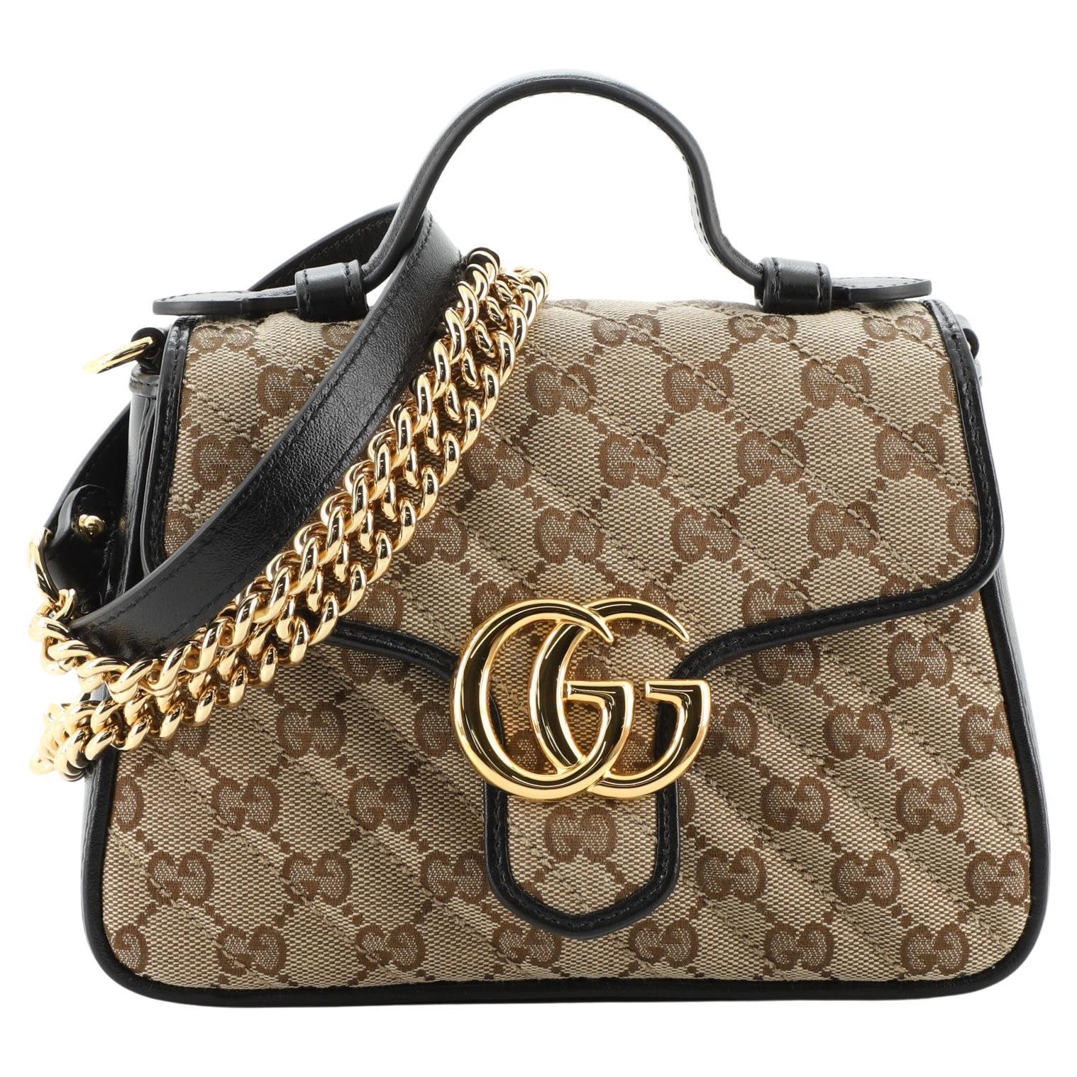 Gucci Black Diagonal Quilted GG Leather Marmont Bamboo Top Handle