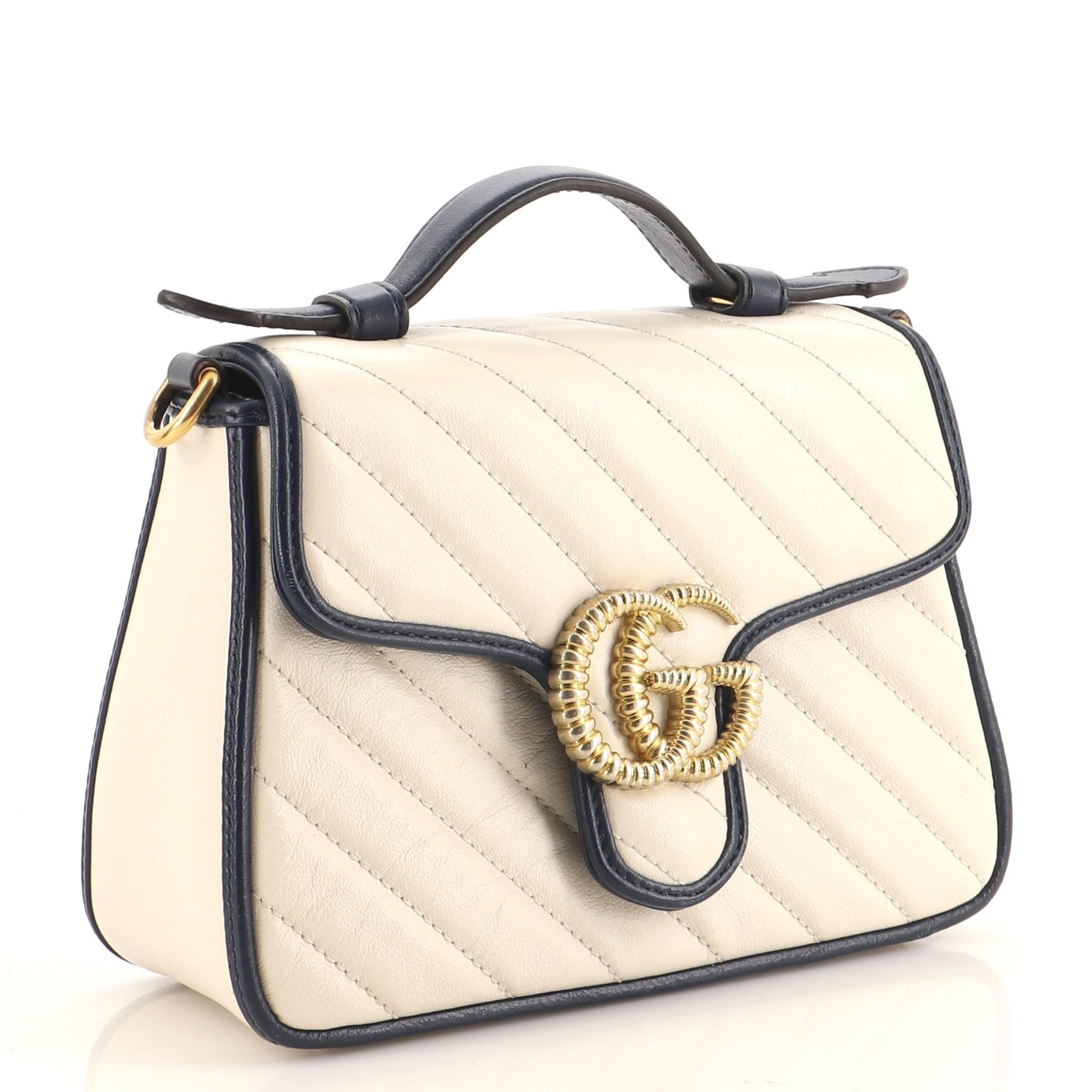 Beige Gucci GG Marmont Top Handle Flap Bag Diagonal Quilted Leather Mini