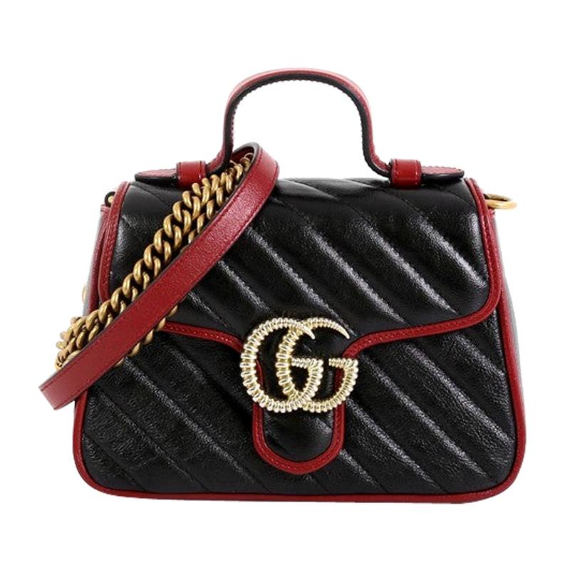 Gucci GG Marmont Top Handle Flap Bag Diagonal Quilted Leather Mini