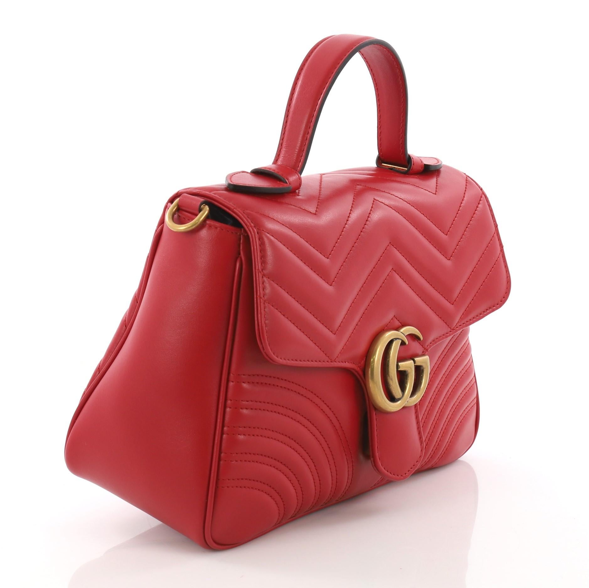 Red Gucci GG Marmont Top Handle Flap Bag Matelasse Leather Small