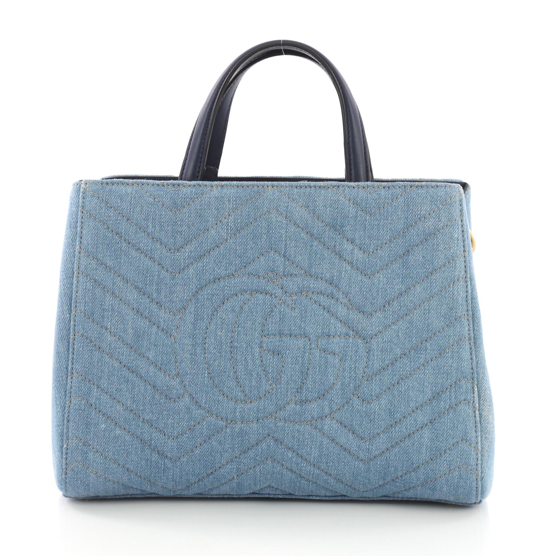 Gucci GG Marmont Tote Embroidered Matelasse Denim Small In Good Condition In NY, NY