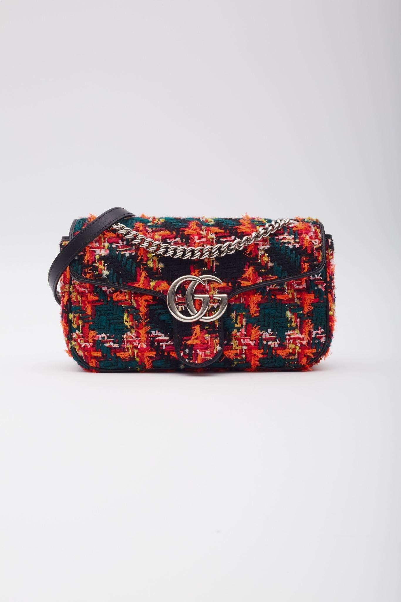 Gucci GG Marmont Tweed Black Pink Shoulder Bag Small In New Condition For Sale In Montreal, Quebec
