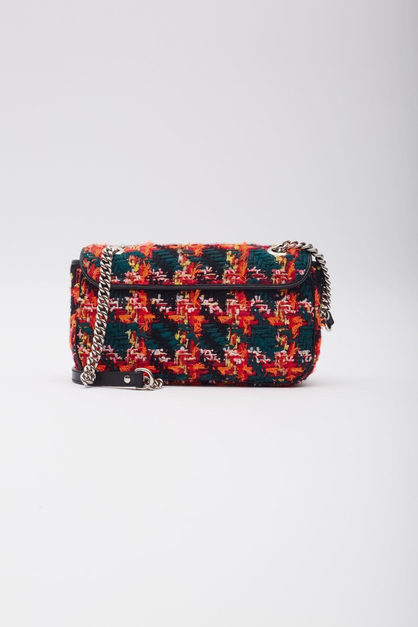 Women's Gucci GG Marmont Tweed Black Pink Shoulder Bag Small For Sale