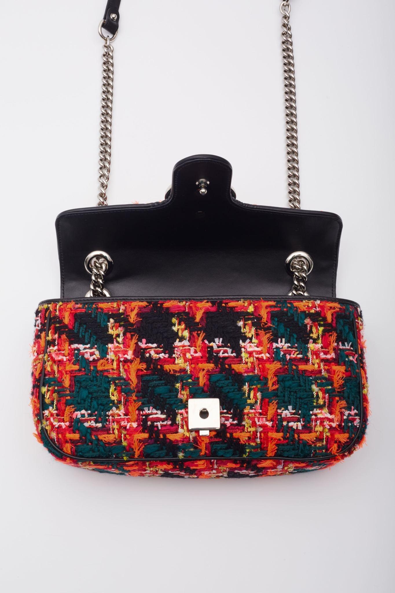 Gucci GG Marmont Tweed Black Pink Shoulder Bag Small For Sale 4