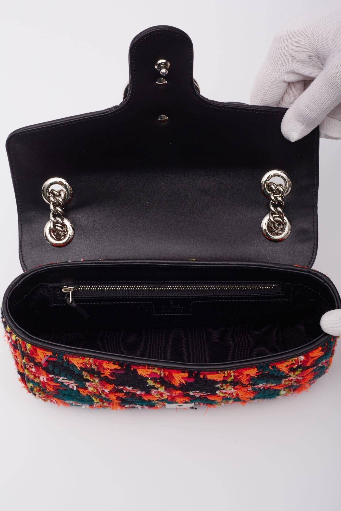 Gucci GG Marmont Tweed Black Pink Shoulder Bag Small For Sale 5