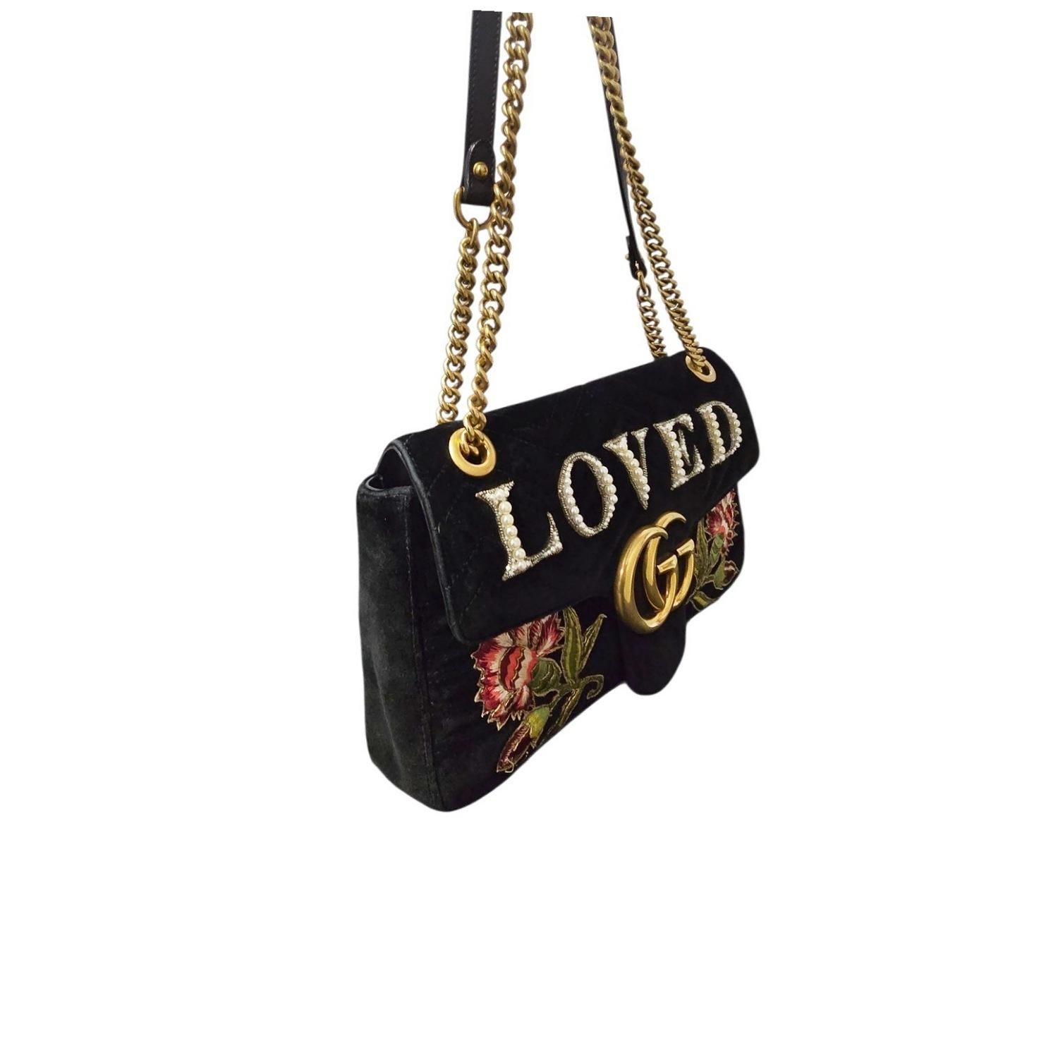 Gucci GG Marmont Velvet Brodé Loved Medium Chain Bag Bon état - En vente à Scottsdale, AZ