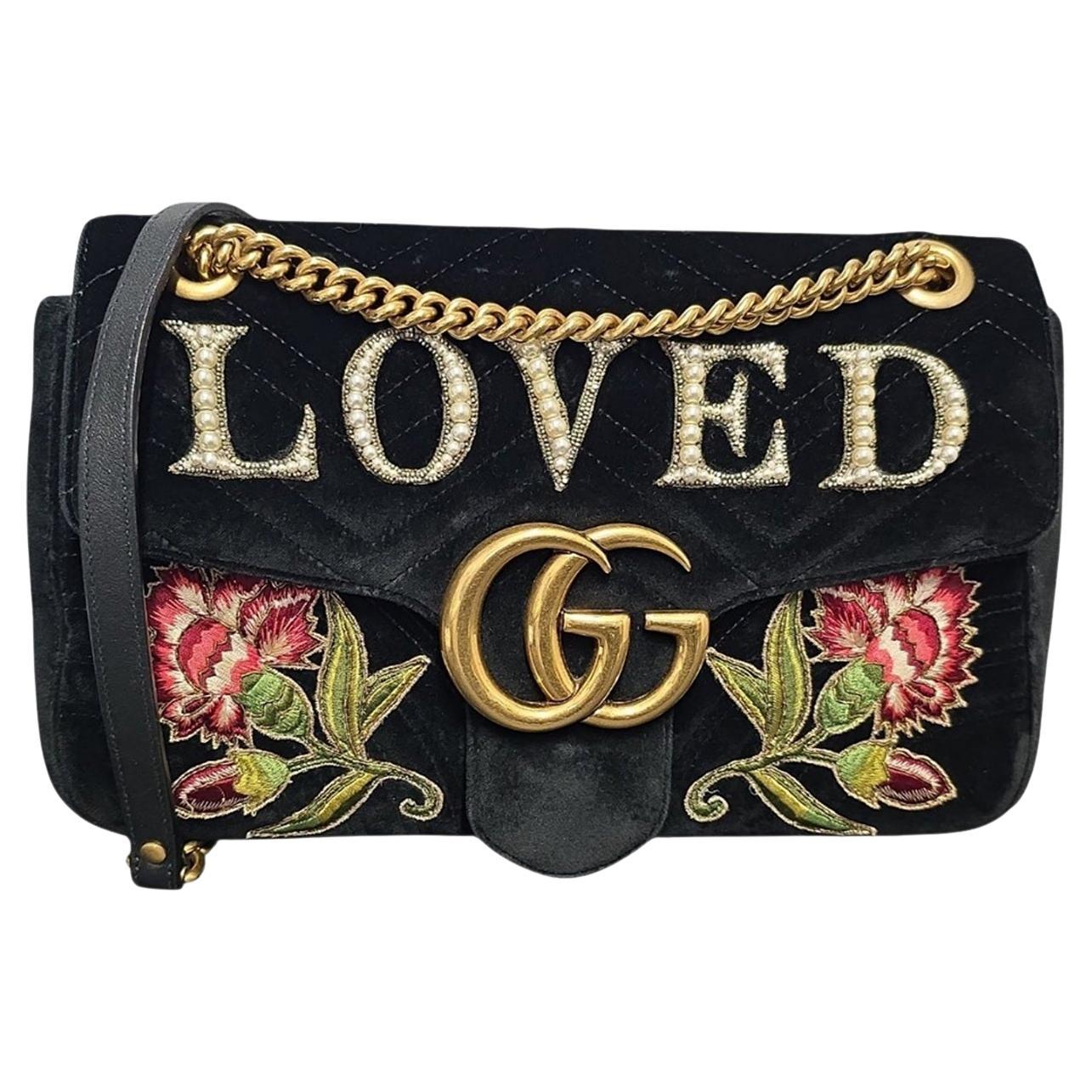 Gucci GG Marmont Velvet Brodé Loved Medium Chain Bag en vente