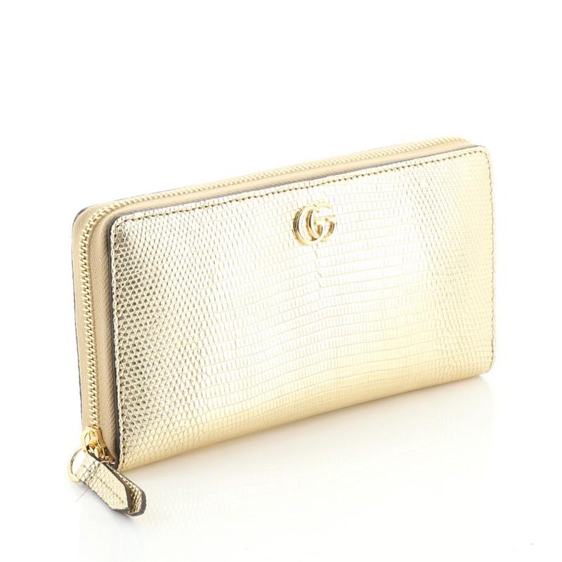 Beige Gucci GG Marmont Zip Around Wallet Lizard