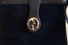 Gucci GG Metal Signature Logo Dark Blue Suede and Leather Shoulder Bag 1970s