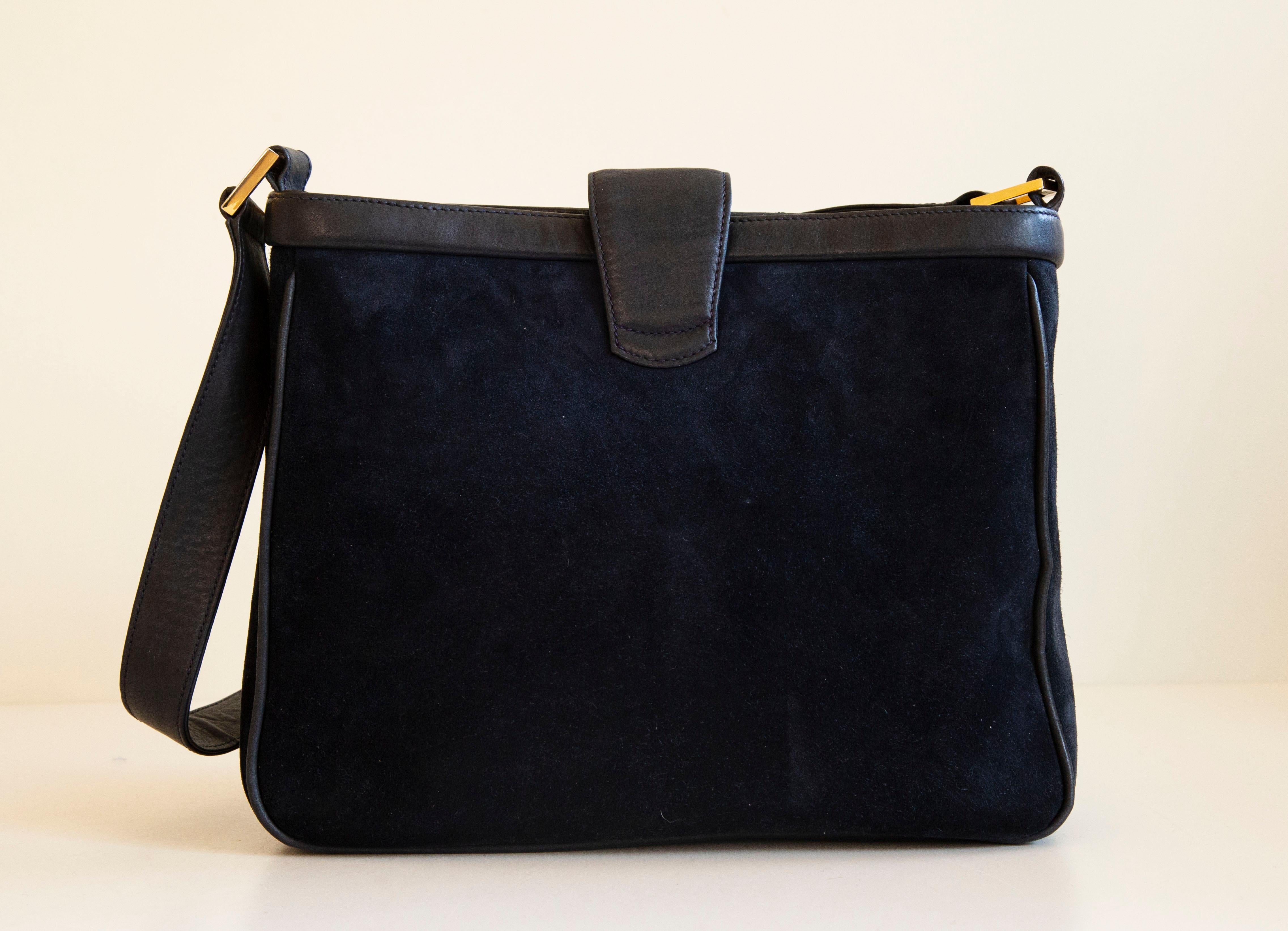 Women's or Men's Gucci GG Metal Signature Logo Dark Blue Suede and Leather Shoulder Bag 1970s For Sale