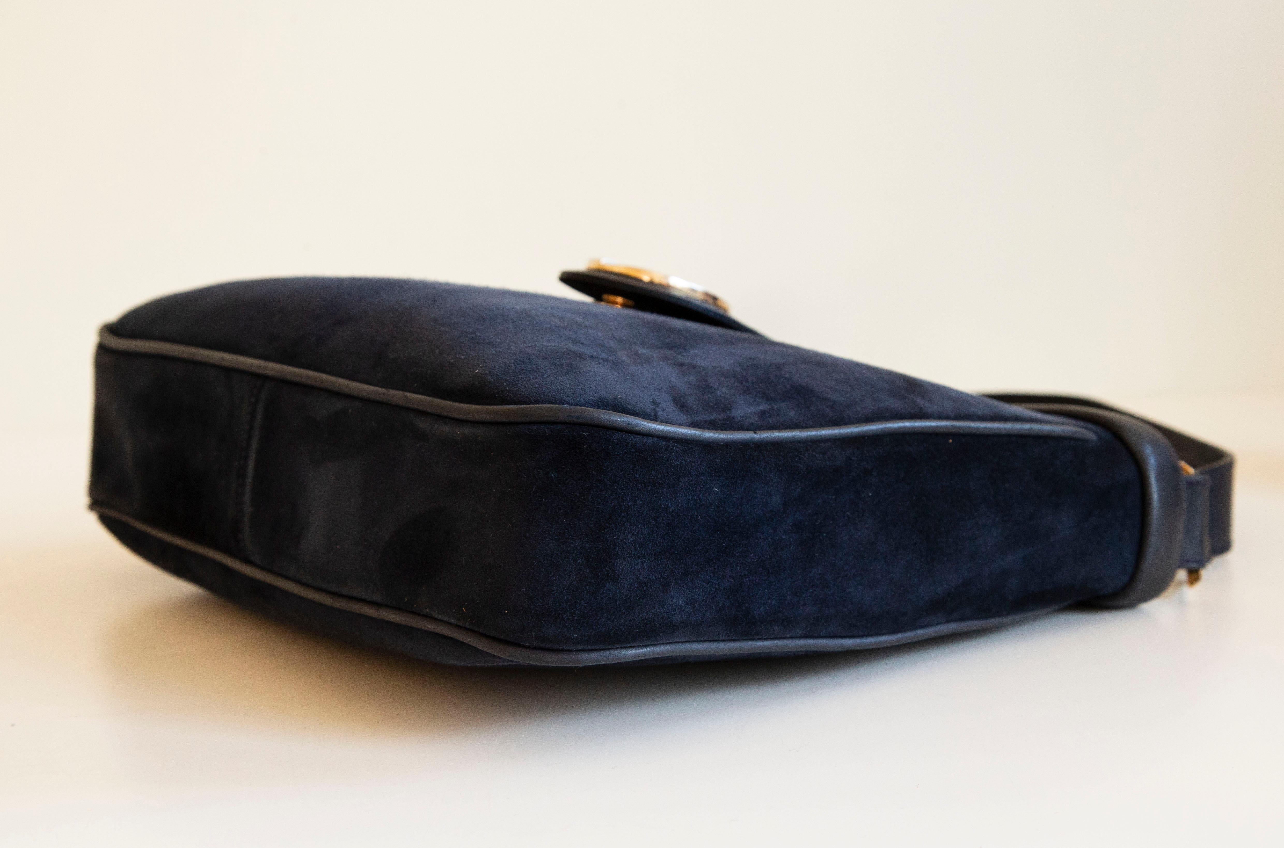 Gucci GG Metal Signature Logo Dark Blue Suede and Leather Shoulder Bag 1970s For Sale 1
