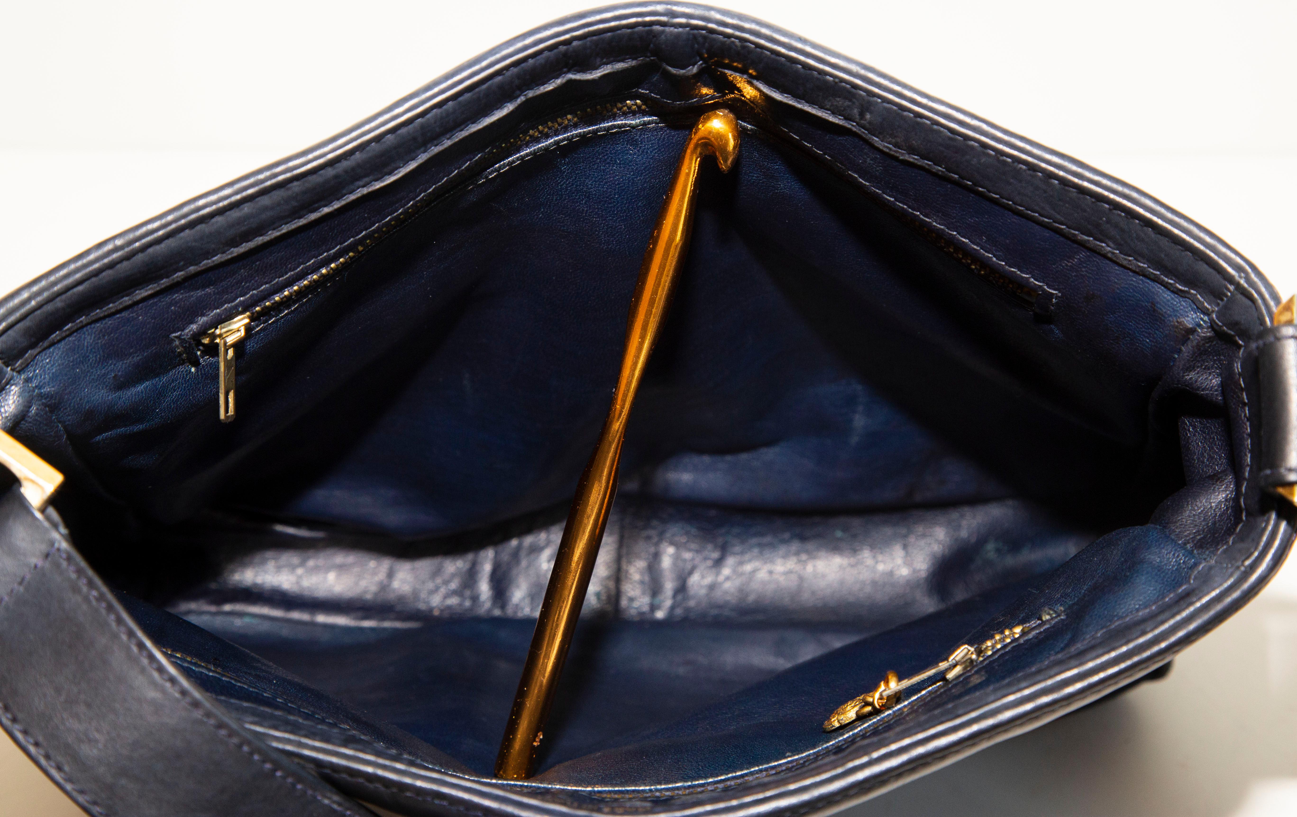 Gucci GG Metal Signature Logo Dark Blue Suede and Leather Shoulder Bag 1970s For Sale 4