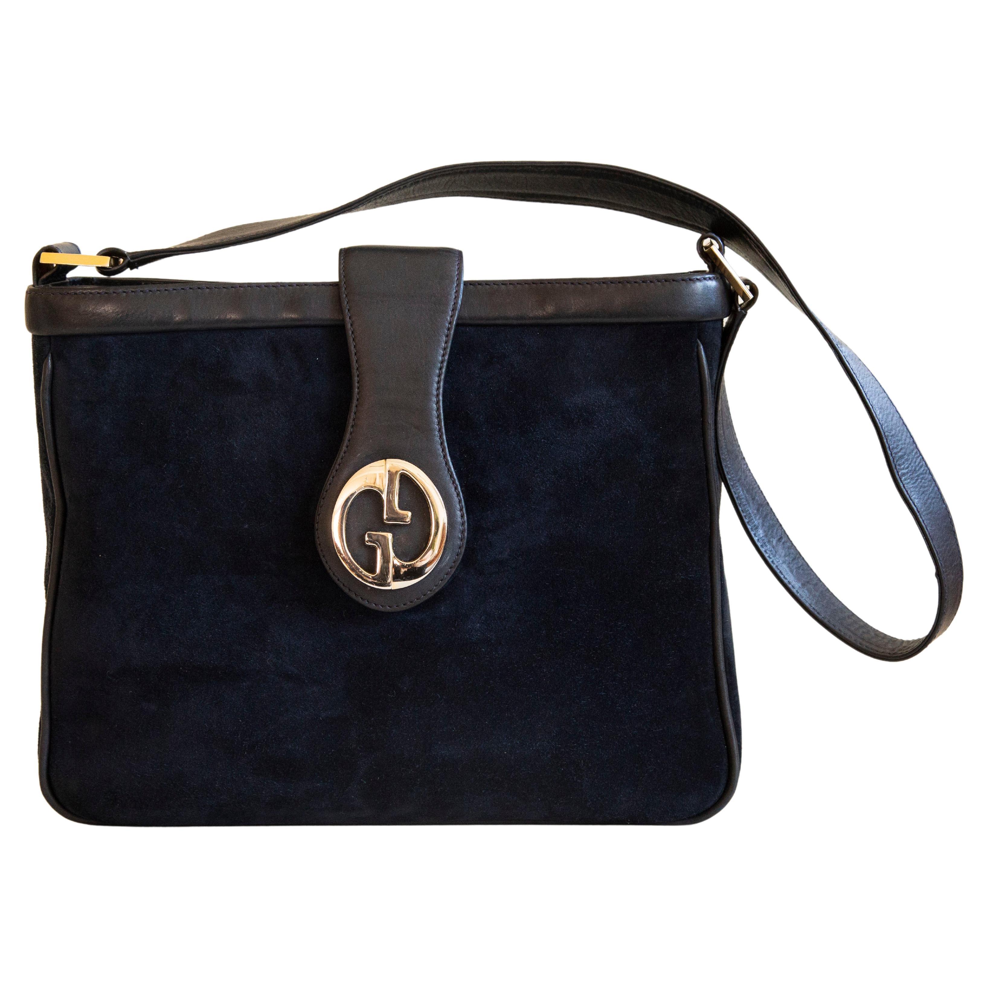 Gucci GG Metal Signature Logo Dark Blue Suede and Leather Shoulder Bag 1970s For Sale