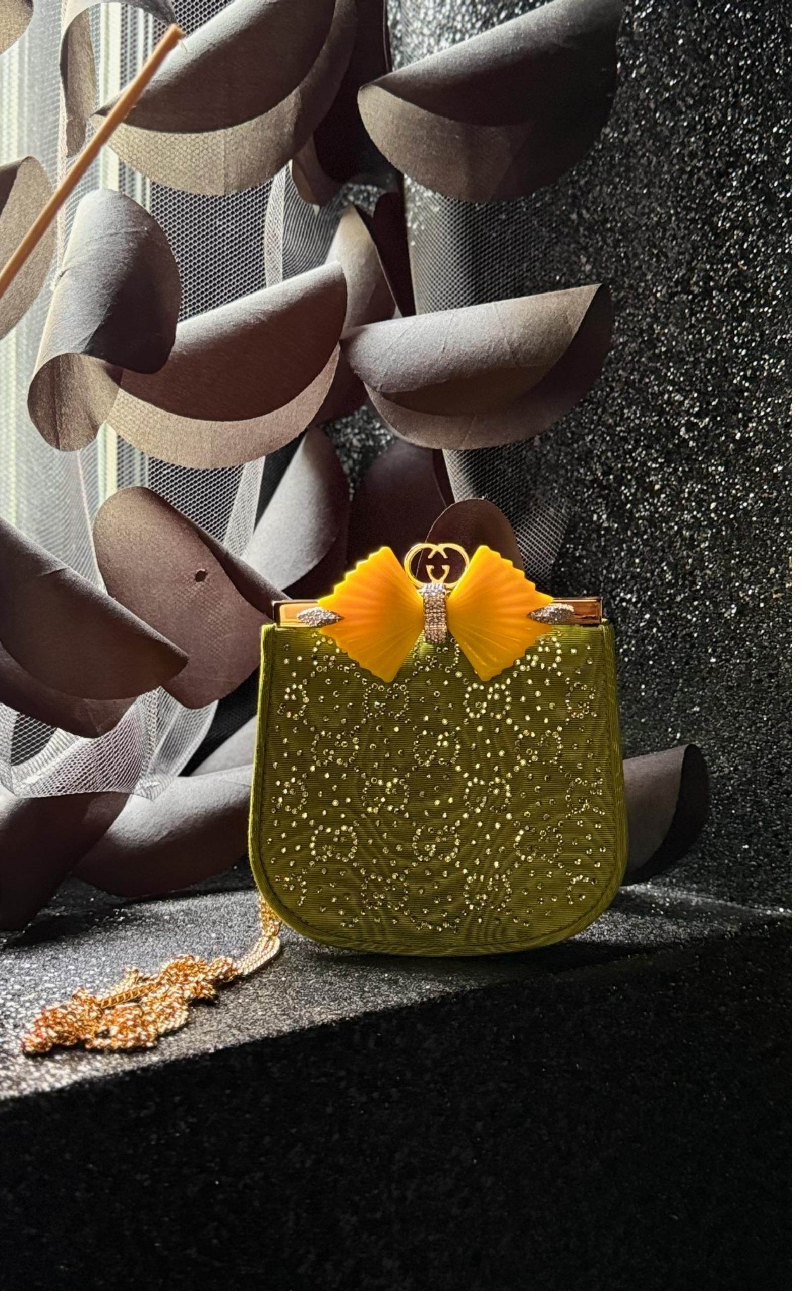 Brown Gucci GG Moire Fabric Handbag with Bow and Crystals For Sale