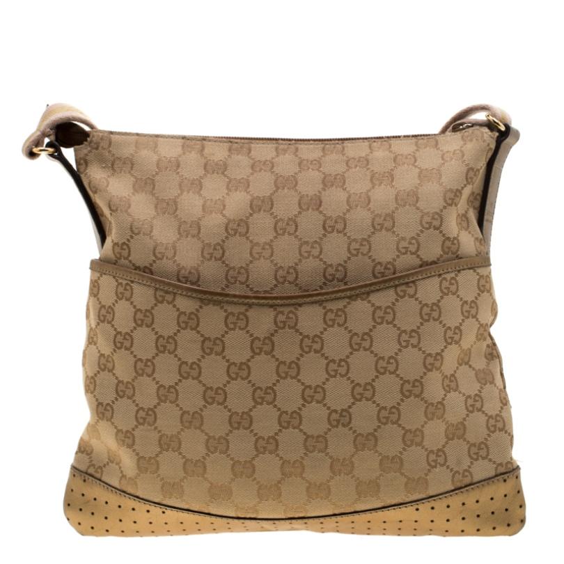 This lovely bag is crafted with signature GG canvas and gold perforated leather. The fine fabric-lined interior of this piece can hold all your essentials in one go. Coming from the house of Gucci, this beige-colored crossbody bag will highlight