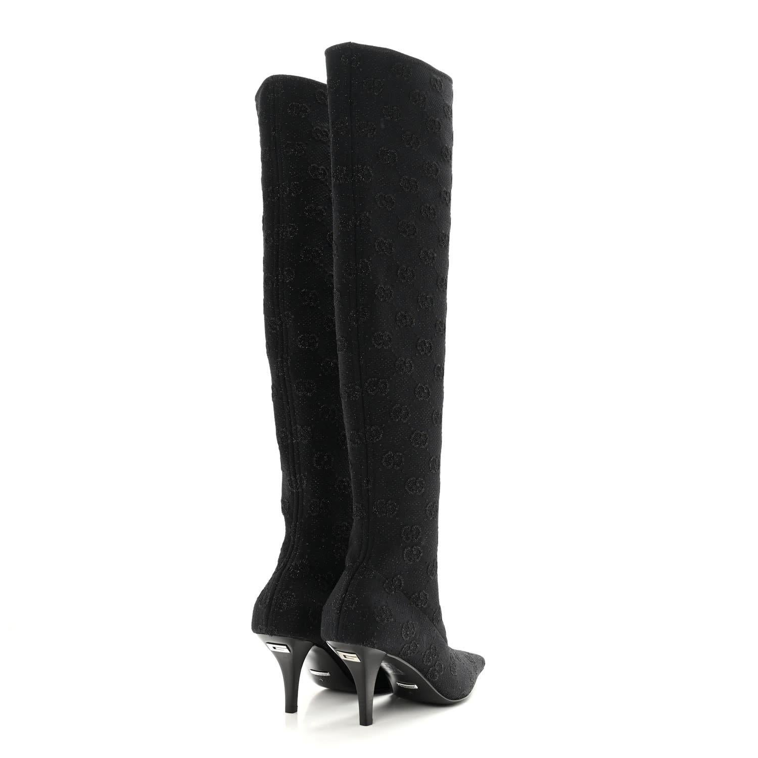 Gucci GG Monogram Black Jersey Knit Knee High Boots EU 38 In Excellent Condition For Sale In Montreal, Quebec
