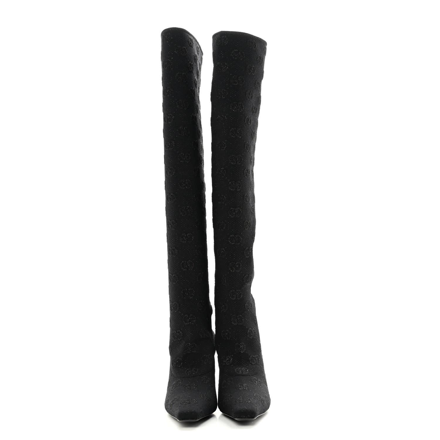 Women's Gucci GG Monogram Black Jersey Knit Knee High Boots EU 38 For Sale