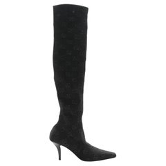 Gucci GG Monogram Black Jersey Knit Knee High Boots EU 38