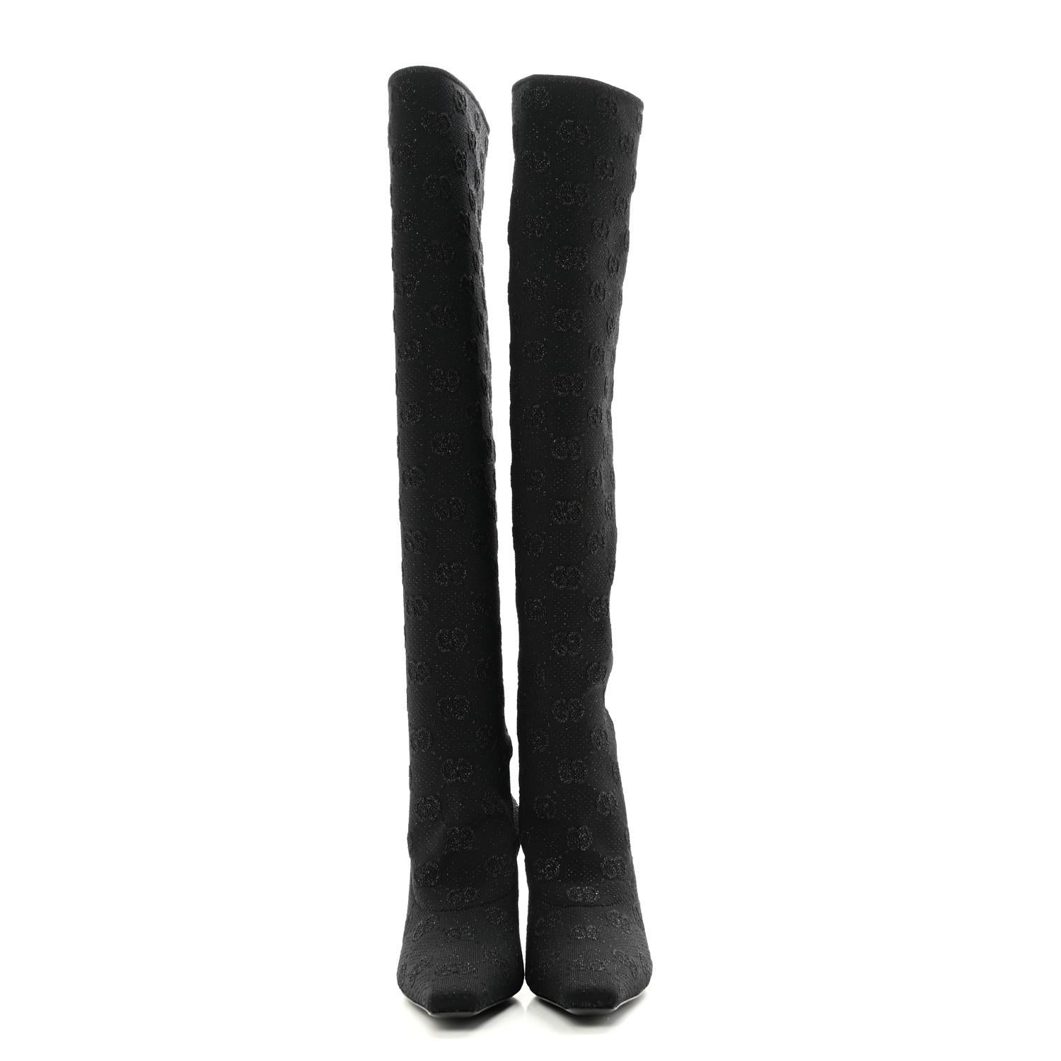 Women's Gucci GG Monogram Black Jersey Knit Knee High Boots EU 39 For Sale