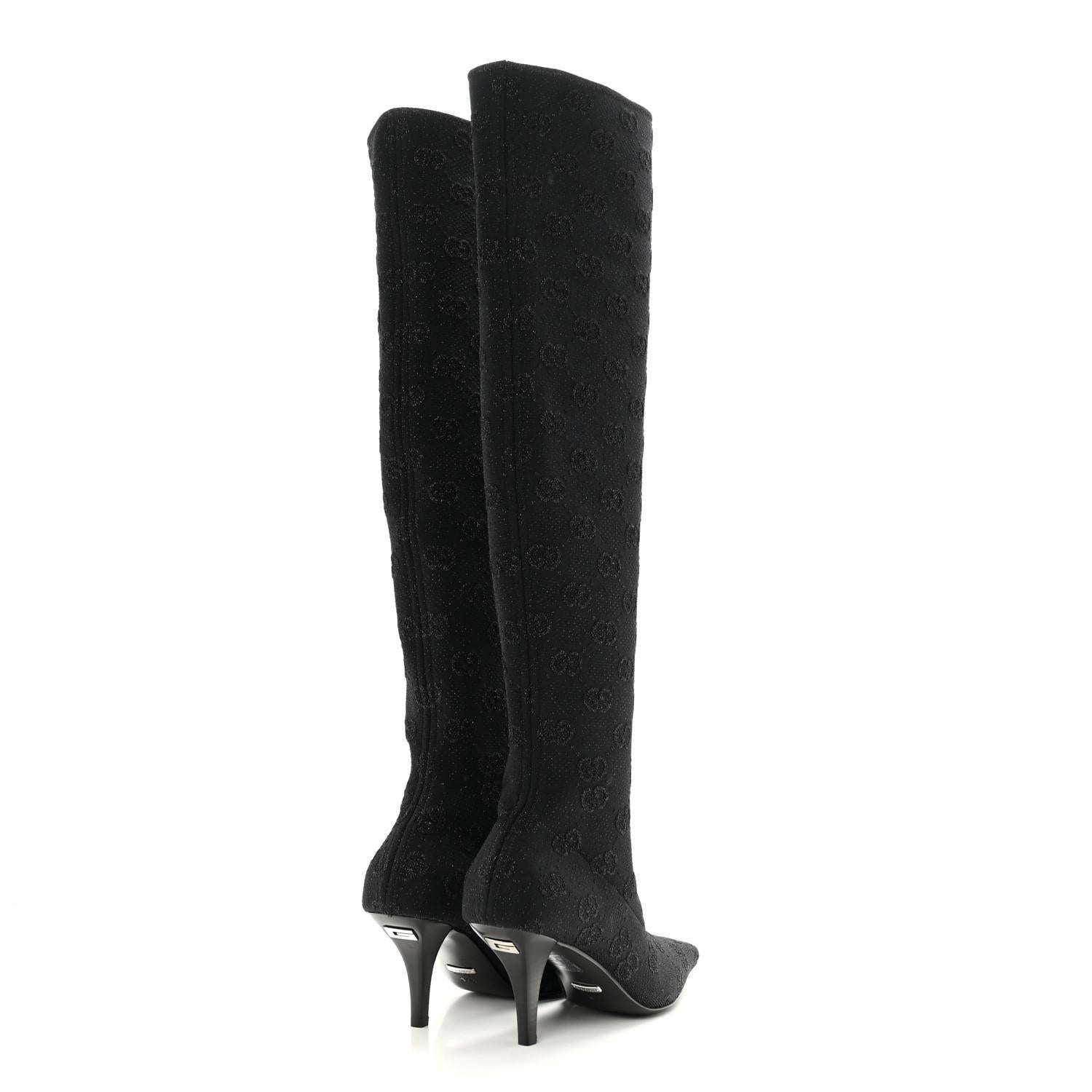 Gucci GG Monogram Black Jersey Knit Knee High Boots EU 39.5 In Excellent Condition For Sale In Montreal, Quebec