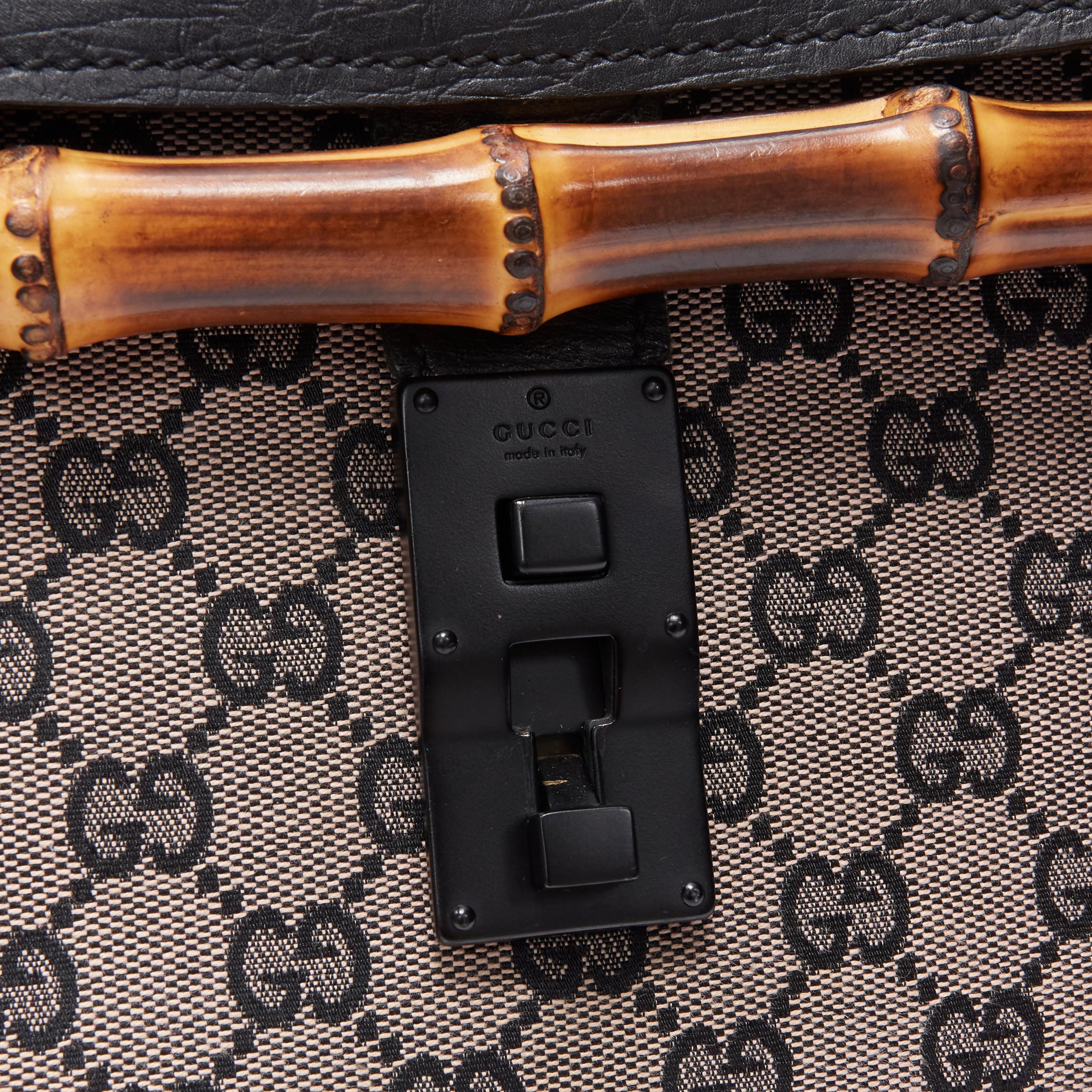 GUCCI GG monogram canvas bamboo lock black flap long shoulder satchel bag 2