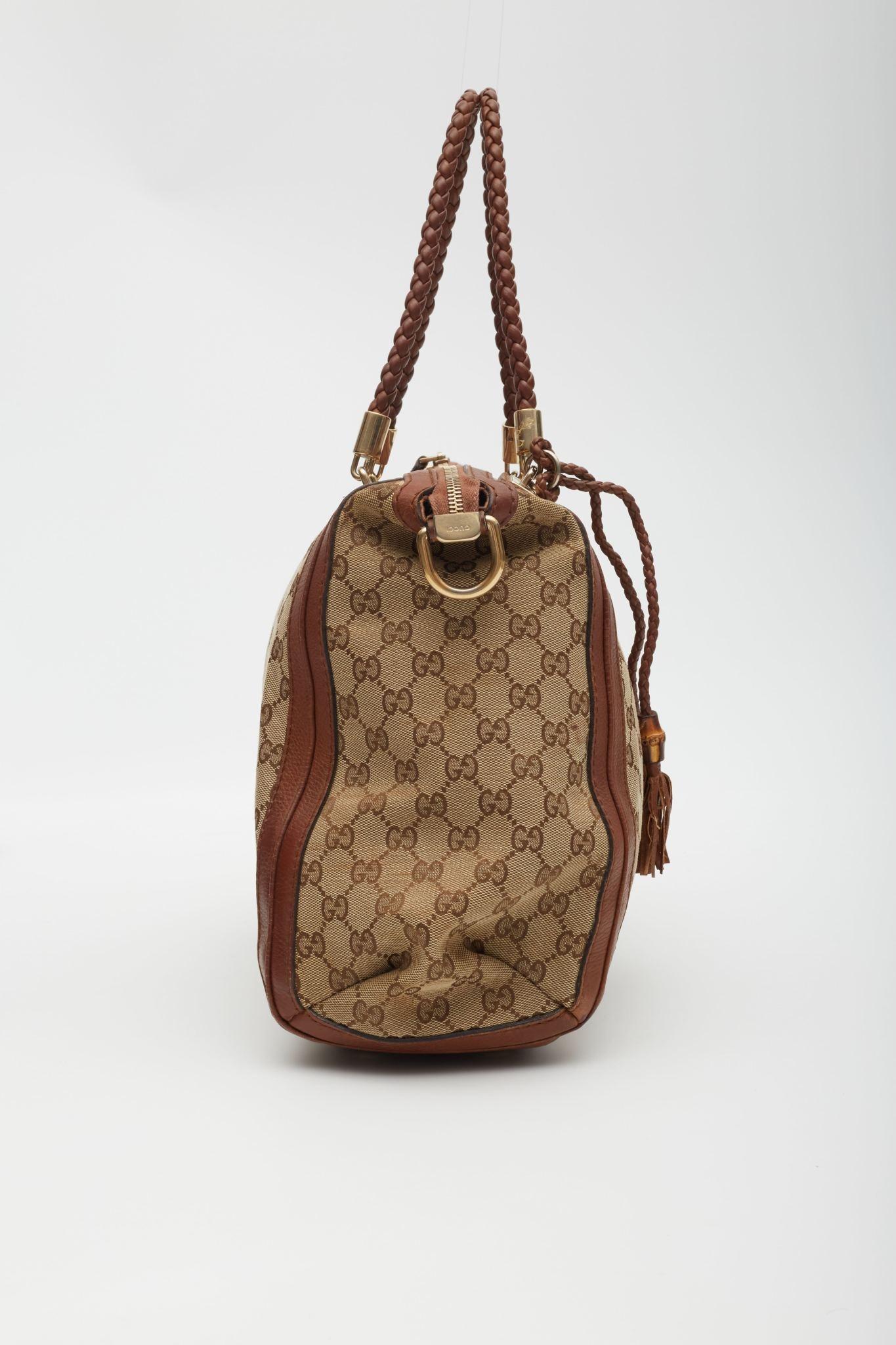 Women's Gucci GG Monogram Canvas Braided Hanldes Bella Tote Bag Beige For Sale