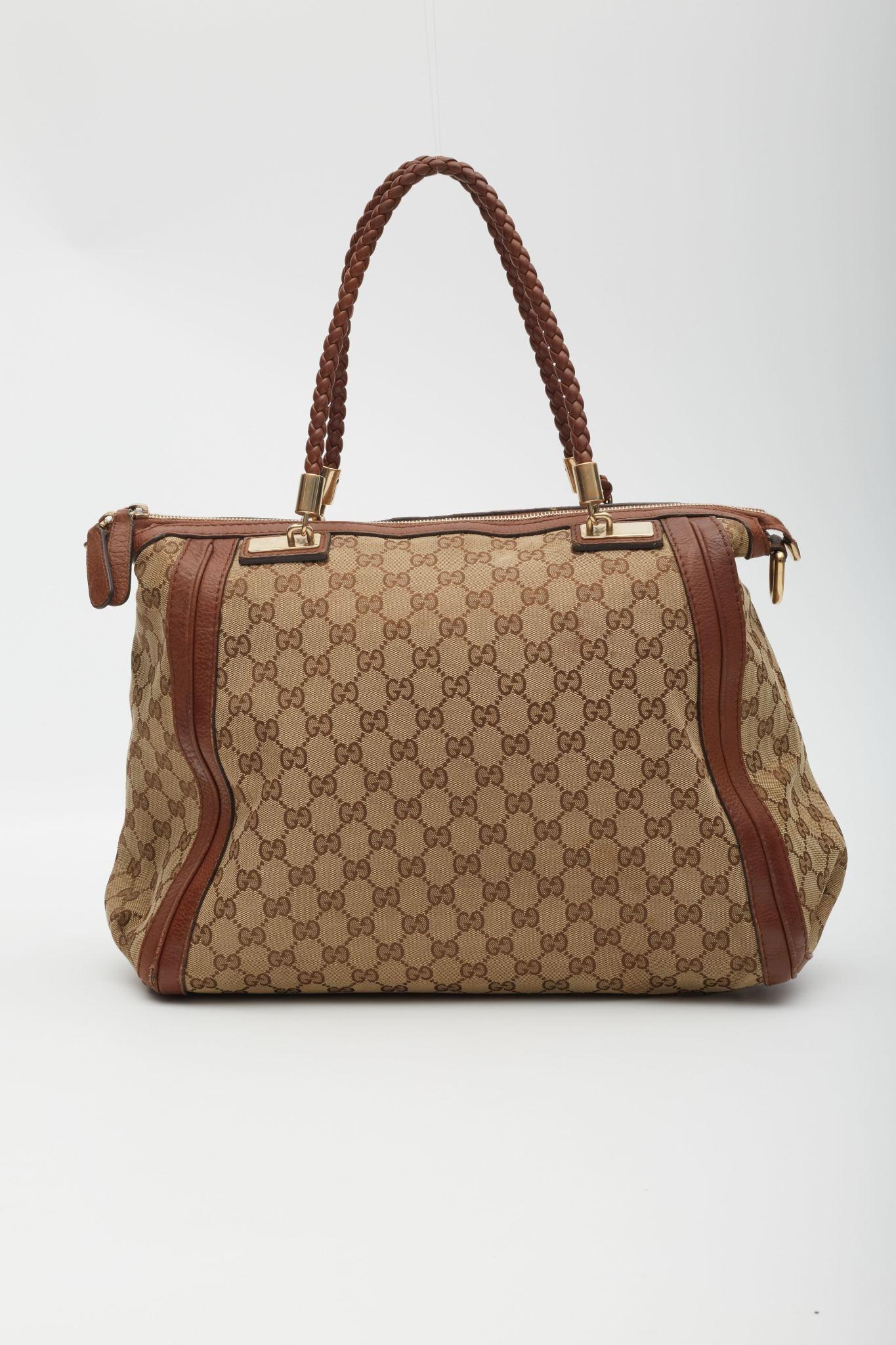 Gucci GG Monogram Canvas Braided Hanldes Bella Tote Bag Beige For Sale 1