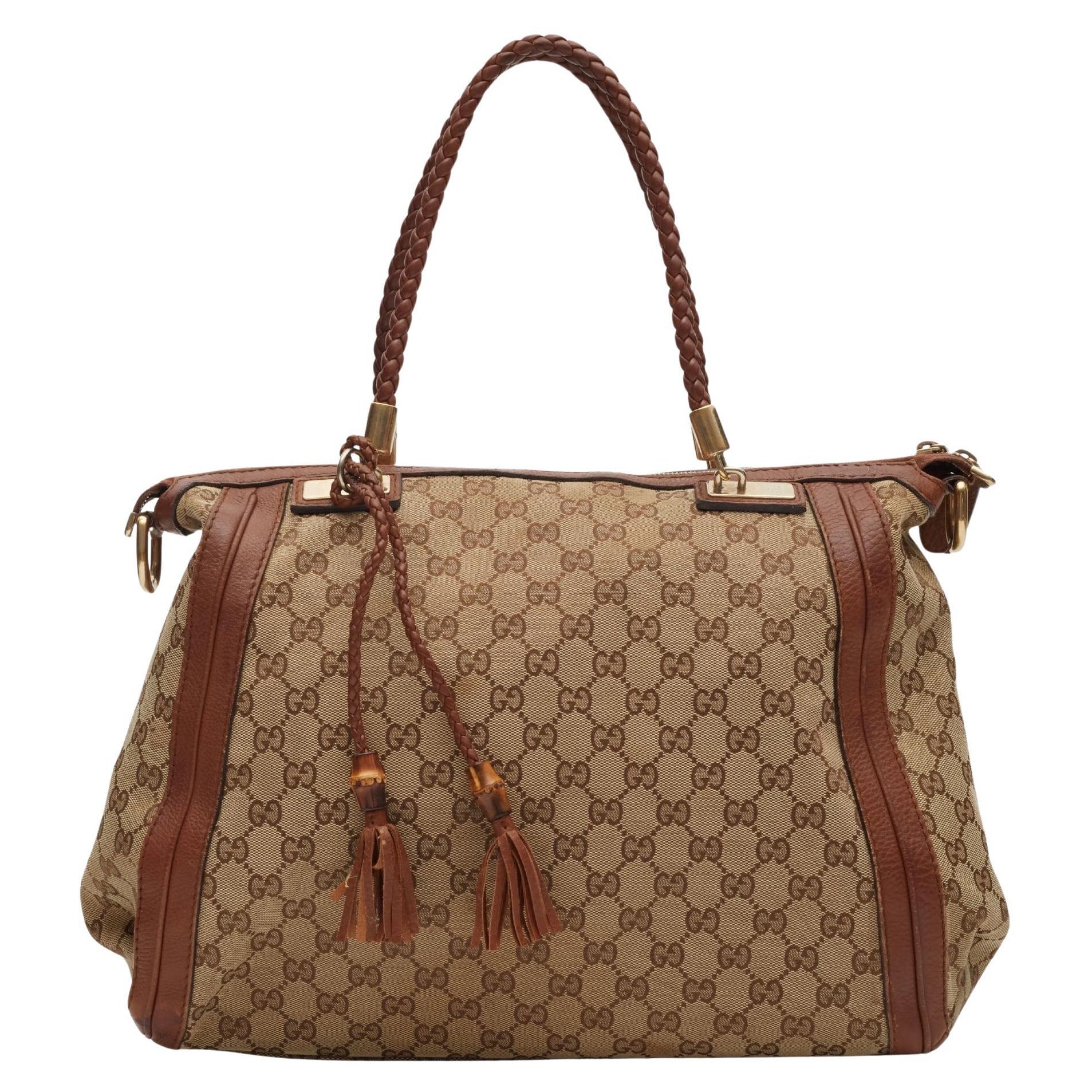 Gucci GG Monogram Canvas Braided Hanldes Bella Tote Bag Beige For Sale